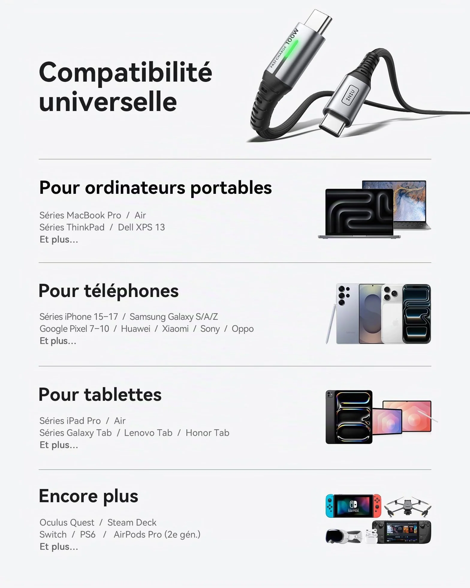 INIU Câble USB C 2m 100W 5A Charge Rapide PD 3.0 QC 4.0 Nylon Tressé pour iPhone Samsung Galaxy iPad MacBook