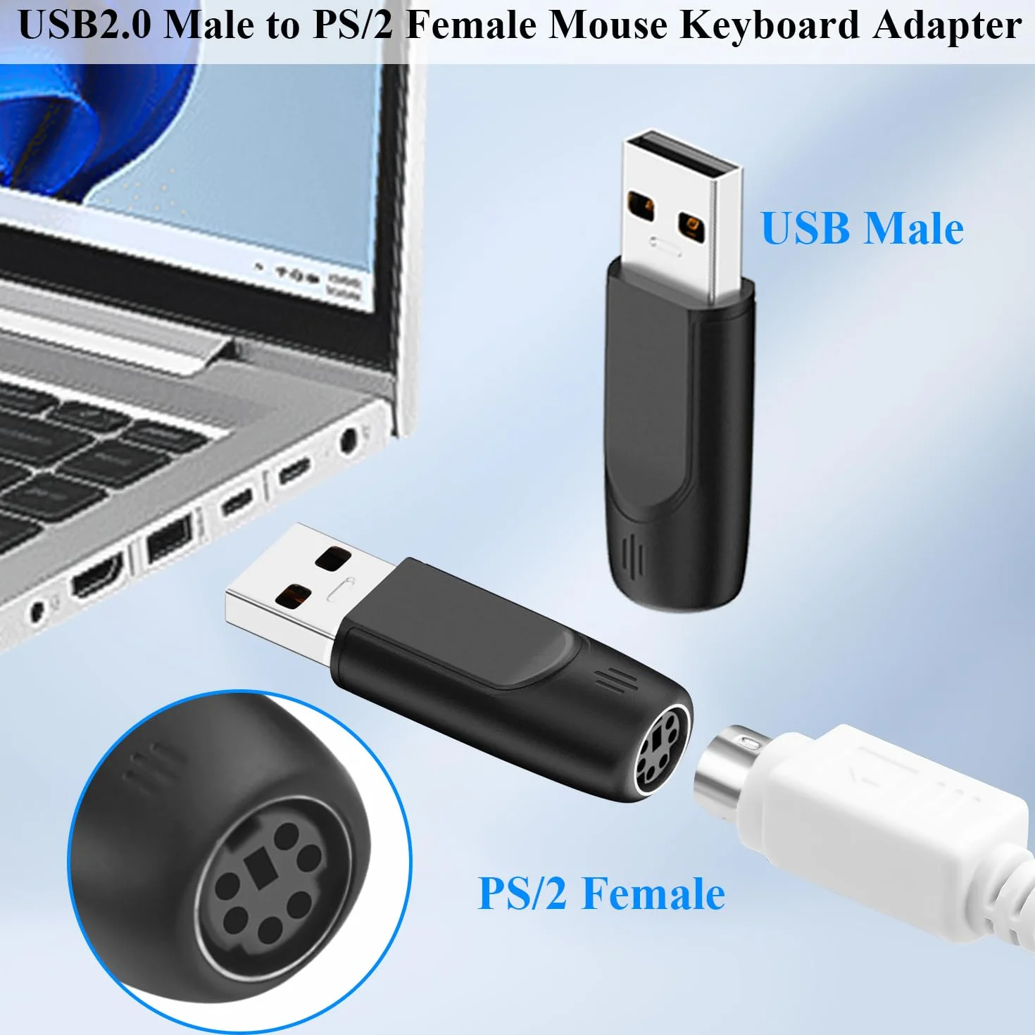 Adaptateur USB Type A Mâle vers PS/2 Femelle Convertisseur Souris Clavier 2Pcs