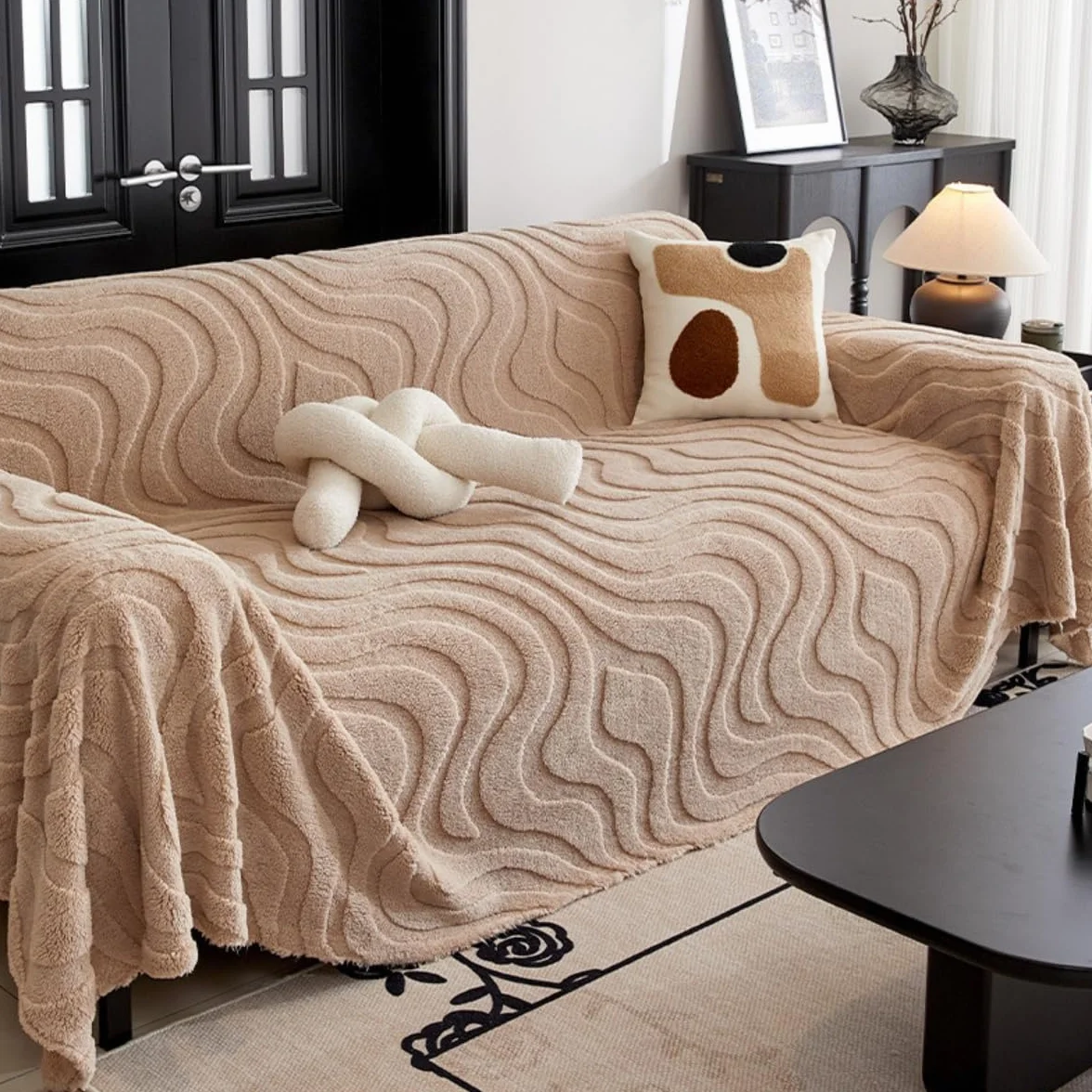 Highdi Housse de Canapé en Peluche Jacquard Chaude Grande Taille 180x300cm Khaki Protection Anti Griffe