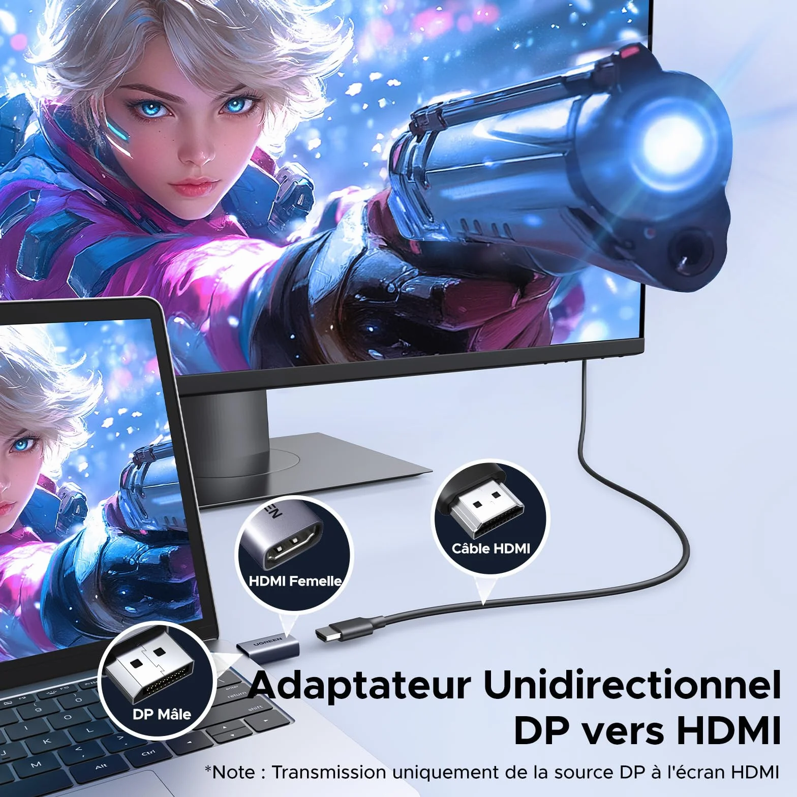 UGREEN Adaptateur DisplayPort vers HDMI 4K 30Hz 2K 60Hz 1080P Unidirectionnel Convertisseur DP Mâle vers HDMI Femelle HDR Aluminium 2 Pack