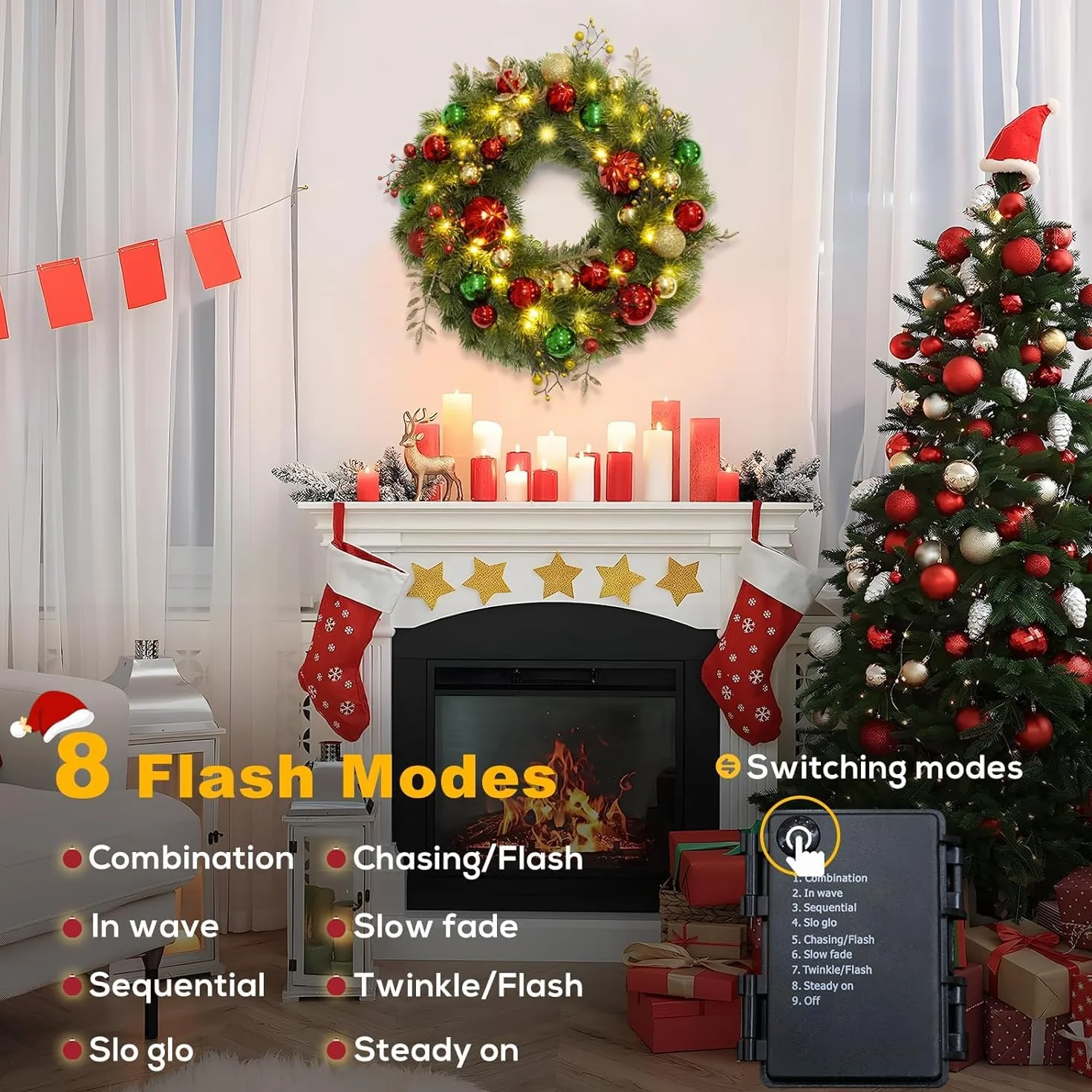 Avoalre 40CM Couronne de Noël LED Piles avec Minuterie 8 Modes Couronne de Noël Lumineuse pour Porte d'entrée Cheminée Mur Festival de Noël Décoration de la Maison