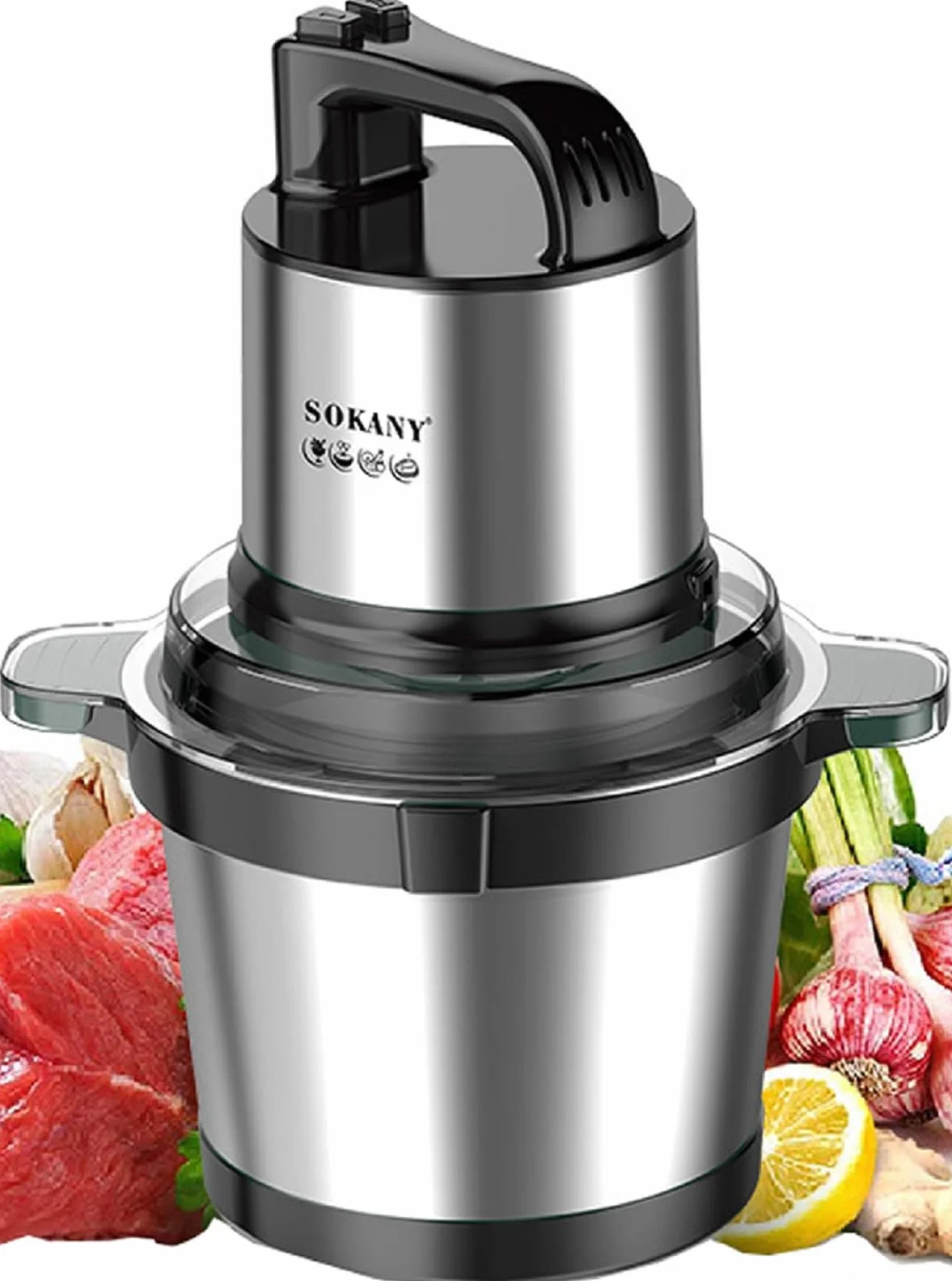 SOKANY Hachoir Électrique Mini hachoir a viande electrique Avec Bol Acier Inox, robot mixeur petit Avec 2 niveaux de vitesse et 4 Lames en inox (SK-7028, 800W, 4L)