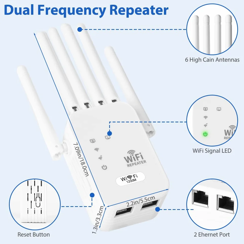 Wzmacniacz WiFi, wzmacniacz sygnału WiFi AC1200, Dual Band Repeater 5 GHz i 2,4 GHz z 6 antenami zewnętrznymi, przedłużacz Wi-Fi zasięg ponad 300 metrów dla biura, domu biały