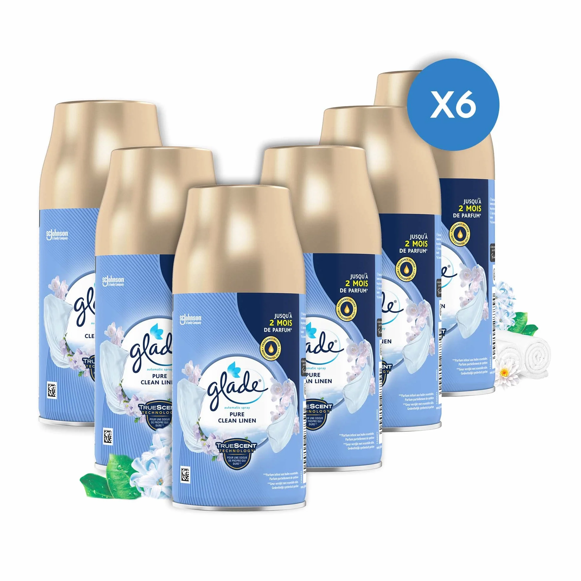 Glade Automatic Spray Recharges Pure Clean Linen 6 Recharges - Infusé Aux Huiles Essentielles Jusqu'à 2 Mois De Parfum