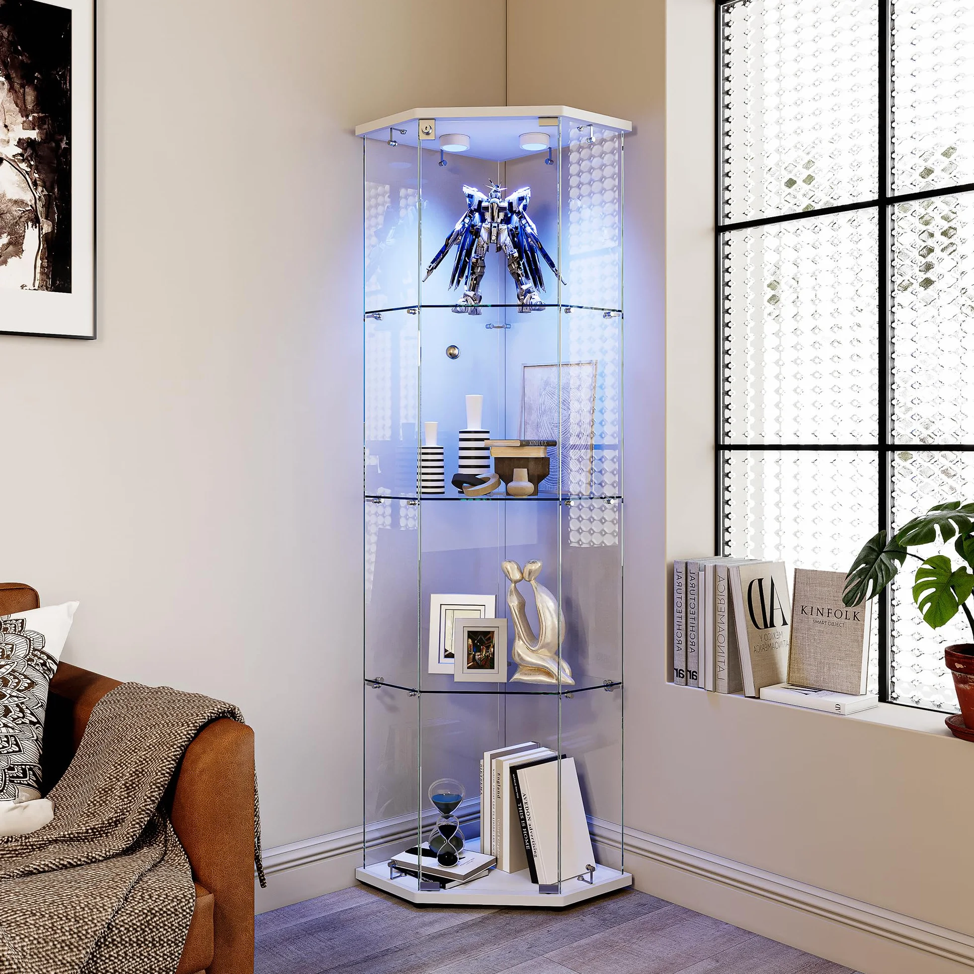 Vitrine en Verre,Vitrines d'angle en Verre avec LED,Hauteur de 162 cm Armoire de Collection en Verres à 4 Couches avec 1 Porte, vitrine trempé Transparent Moderne pour Salon, Chambre à Coucher, Bureau
