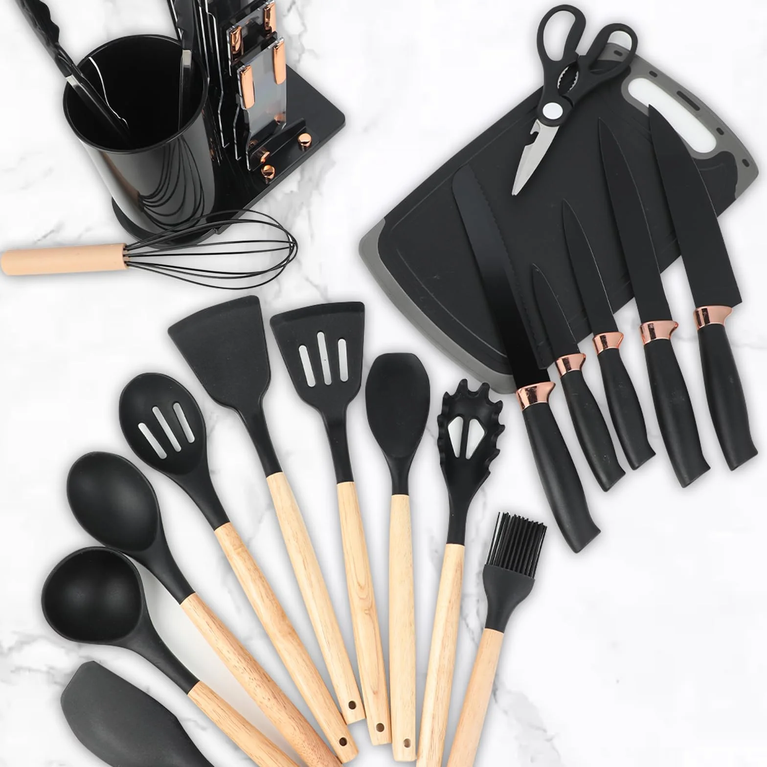 Lot de 19 couteaux de cuisine en silicone avec 12 ustensiles de cuisine, 5 couteaux, planche à découper et support, passe au lave-vaisselle