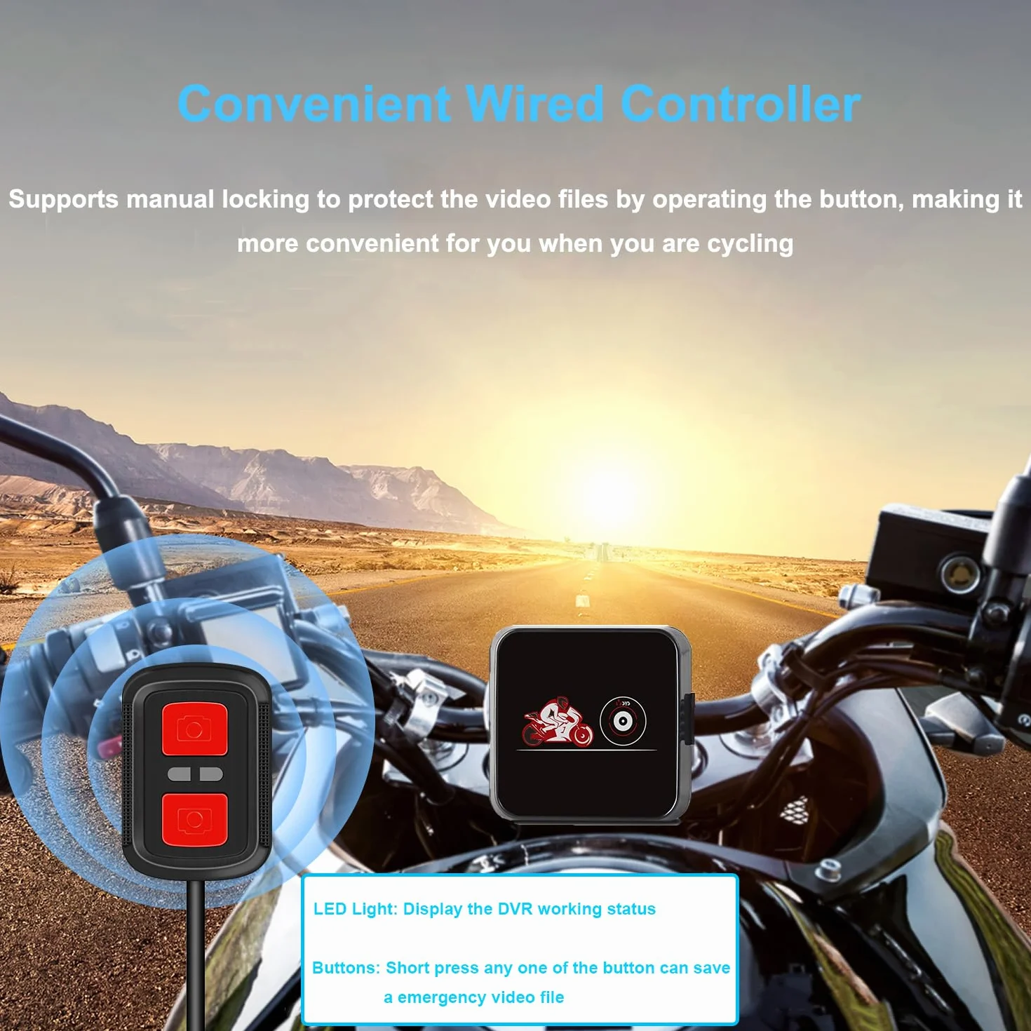 VSYSTO Kamera motocyklowa na deskę rozdzielczą 1080p, podwójna soczewka, kamera motocyklowa z przodu, z tyłu, WiFi, szerokokątna kamera sportowa 130°