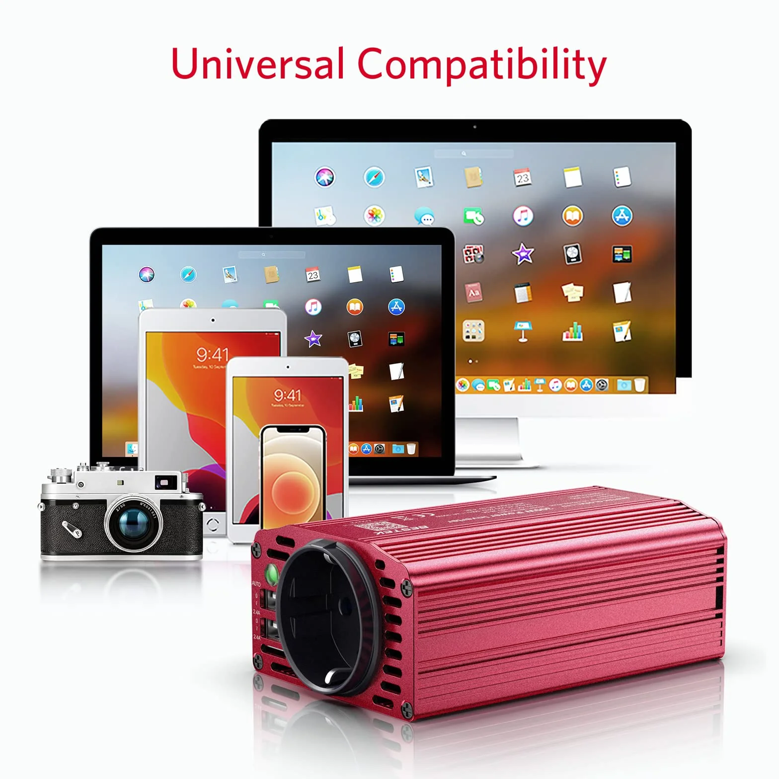 BESTEK Przetwornica napięcia 12 V 230 V 300 W zmodyfikowany falownik sinusoidalny 12 V na 230 V z gniazdem AC i 2 portami USB w zestawie wtyczka zapalniczki samochodowej, czerwona