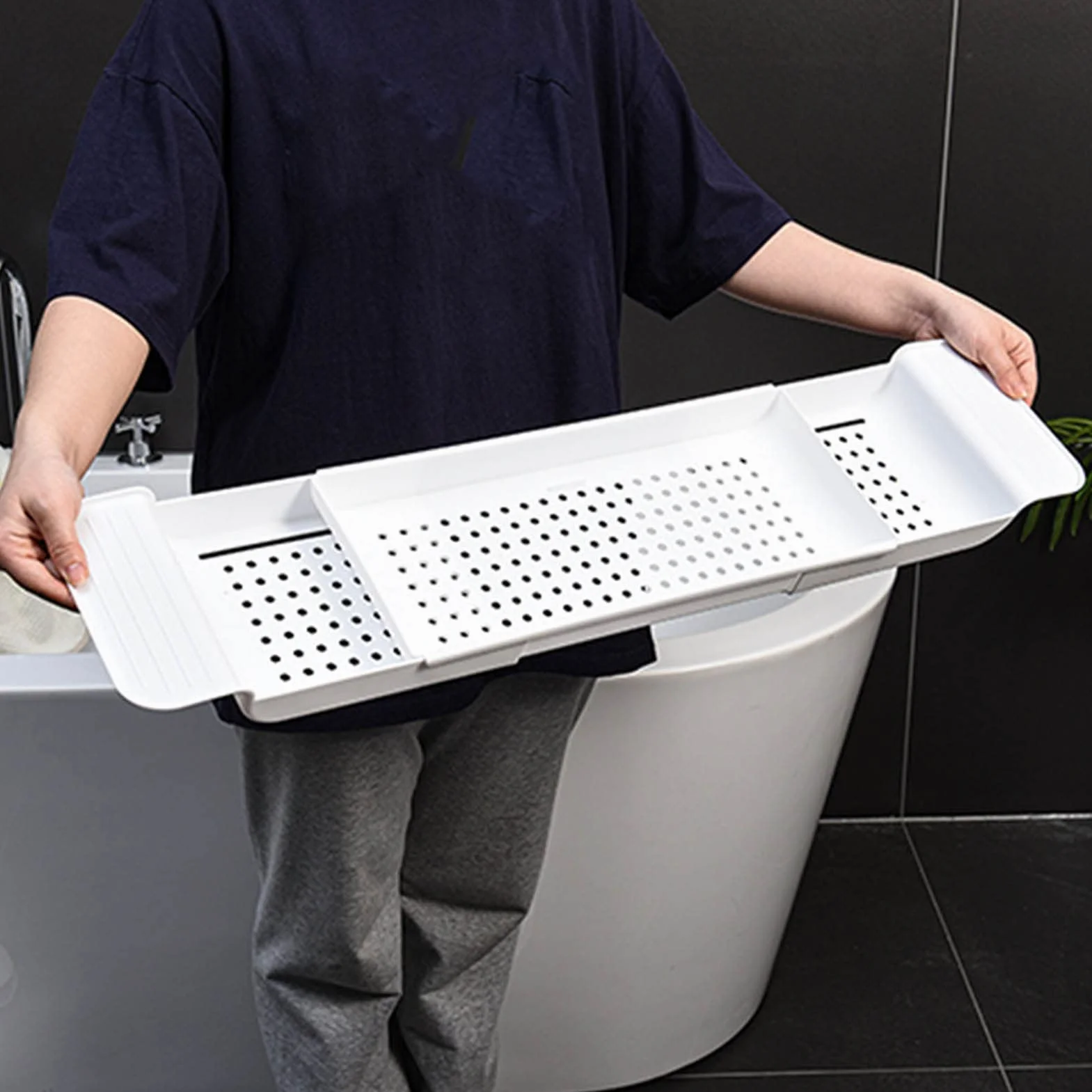 Plateau de Baignoire Plastique Extensible avec Drainage, Caddie de Bain, Blanc