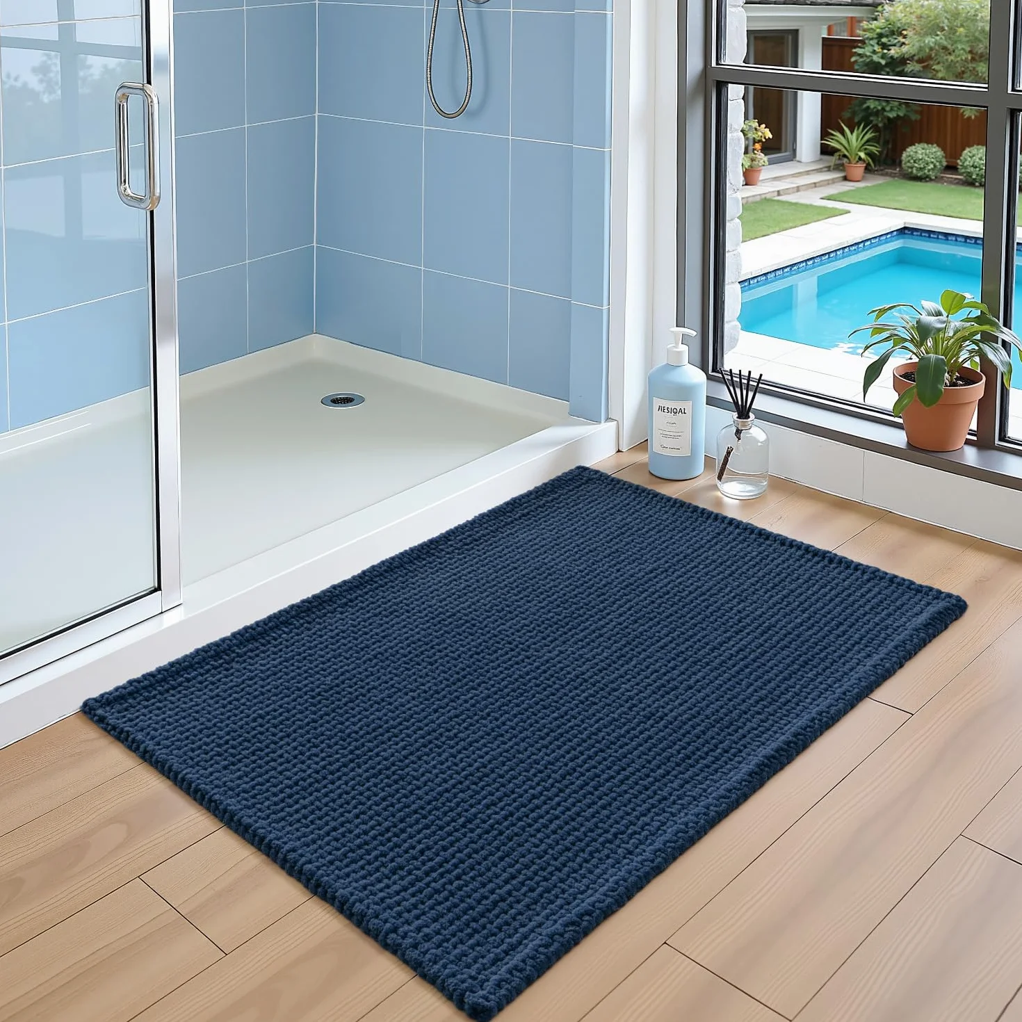 DEXI Tapis Salle de Bain 60 x 110 cm Chenille Antidérapant Lavable Bleu