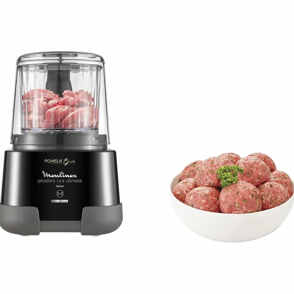 Moulinex 1,2,3 DP8108 - Hachoir électrique 1000 W, 2 lames Powerlife, capacité de jusqu'à 350 g/550 ml, couvercle hermétique, système de protection contre la surchauffe, compact, noir