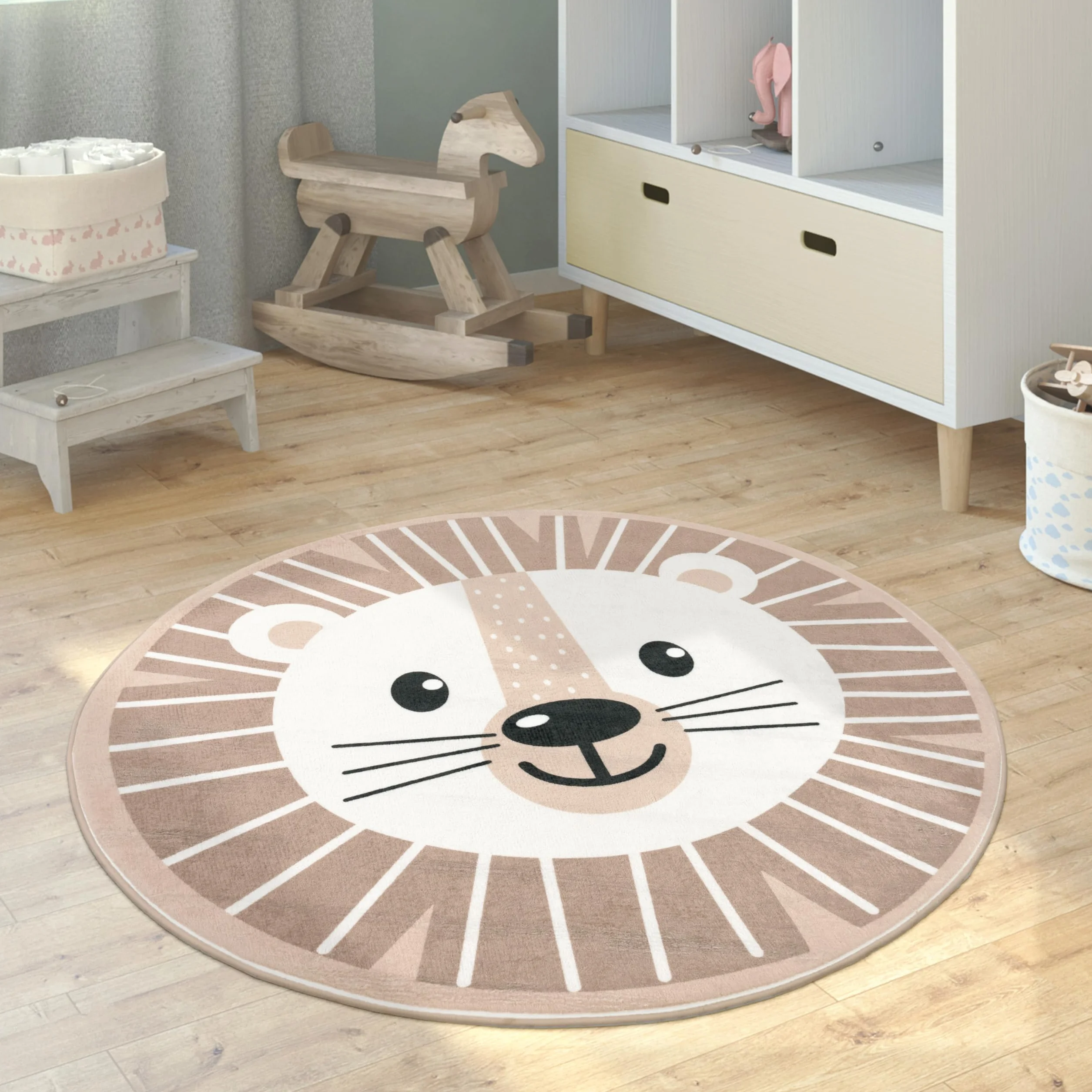 Paco Home Tapis Enfant Rond 120 cm Beige Lune Koala Tête Lion