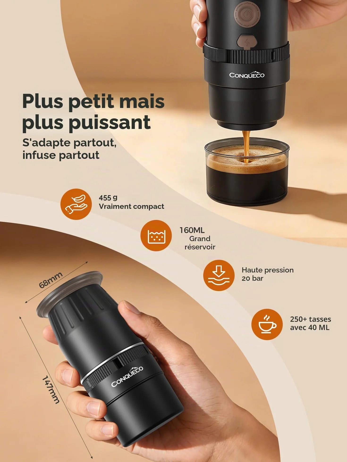 CONQUECO Machine à Café Portable Électrique 20 Bars, 160ml, Pompe Pression Batterie, Compatible Capsule et Café Moulu, USB-C Rechargeable pour Camping Voyage Bureau (Non auto-chauffant) (Noir)