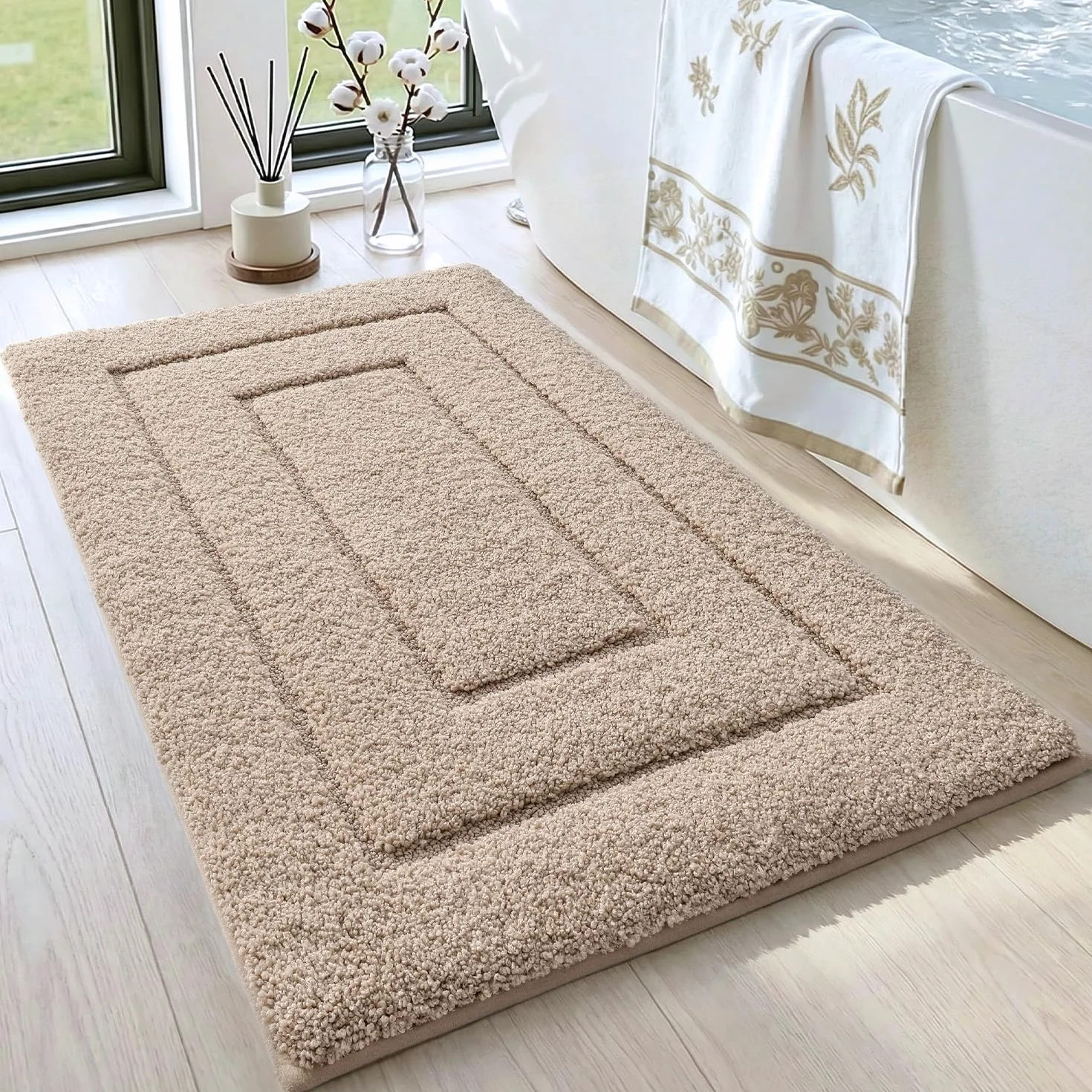 DEXI Tapis de Bain Antidérapant 60x90 cm Microfibre Lavable en Machine Beige