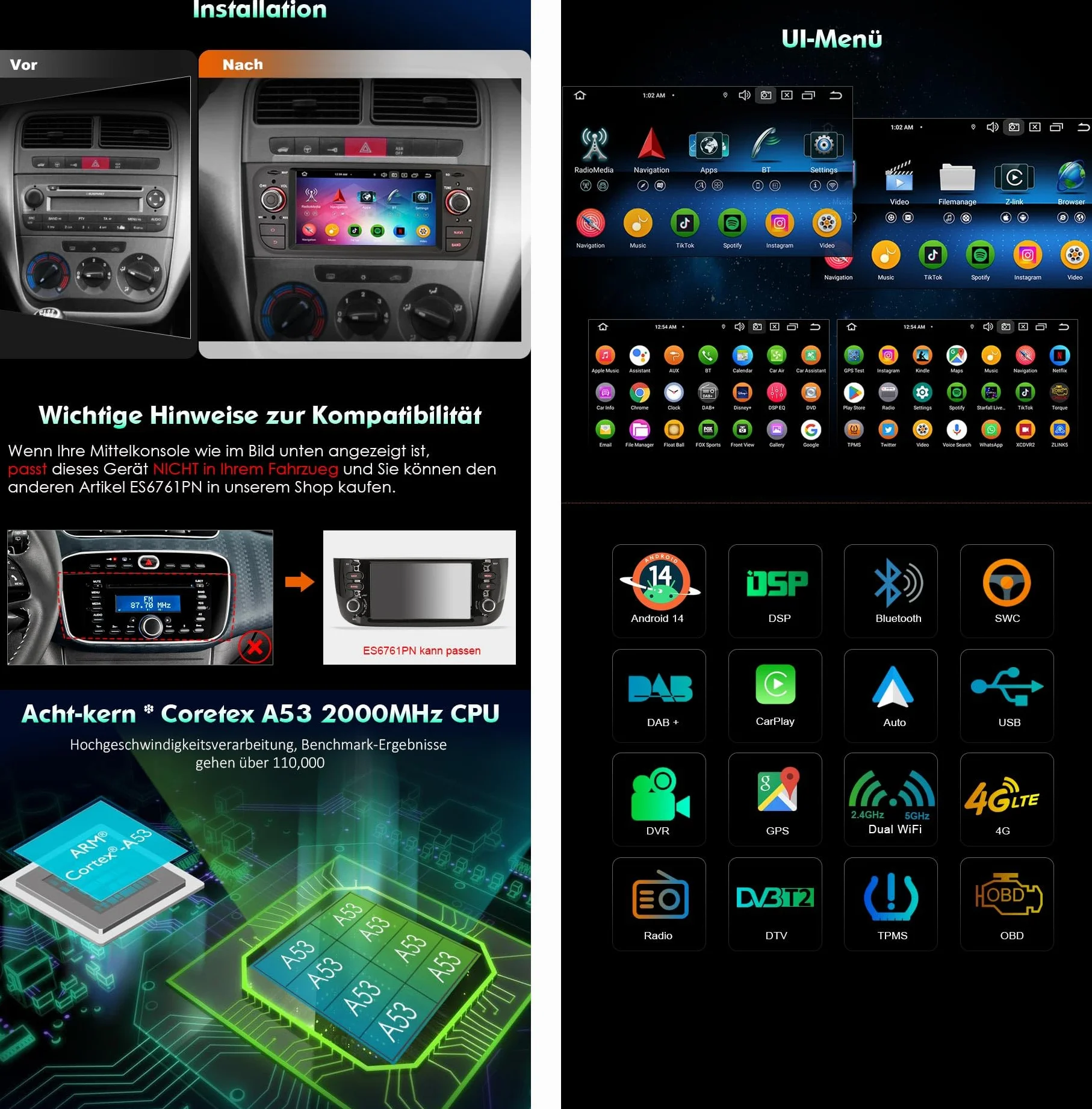 8-rdzeniowy 4 GB RAM 64 GB ROM Android 14 Radio samochodowe Bluetooth z GPS, nawigacja dla FIAT Grande Punto Linea, obsługuje bezprzewodowe CarPlay, Android Auto, WiFi 4G, DSP, DAB+, OBD2, USB, FM