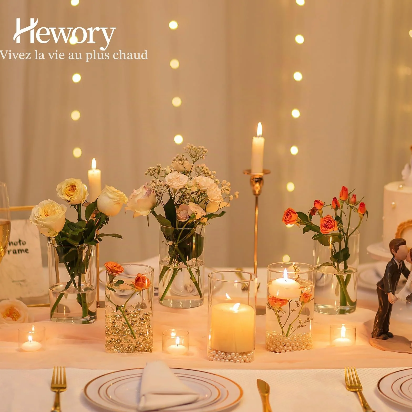 Hewory Vases Cylindriques en Verre Lot de 6, Vase en Verre Transparent de 15cm pour Fleurs, Grand Support de Bougie pour Bougies Piliers Flottantes, Vase à Fleurs Rond pour Mariage, Centre de Table