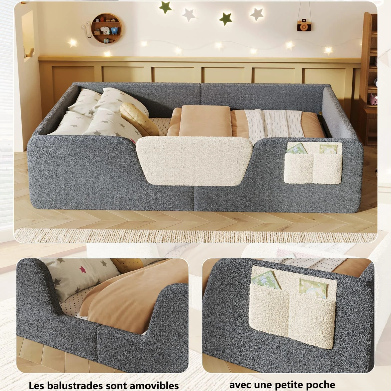 KOMHTOM Lit Enfant au Sol, Lit Montessori, Lit Capitonné en Velours, Barrière de Sécurité Amovible, Sommier à Lattes, Poche de Rangement Tissu, Design Sûr, sans Matelas (Gris)