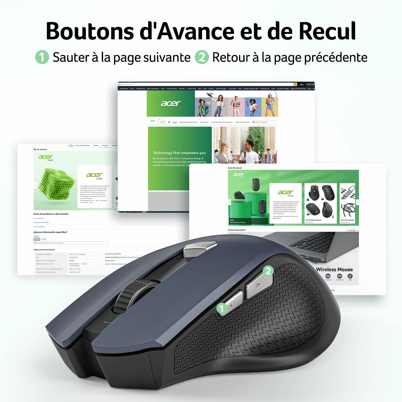 Acer Souris Ergonomique sans Fil 2,4GHz, Souris Optique USB 1600 DPI réglable, 6 Boutons, Compatible PC/Mac/Laptop/Chromebook
