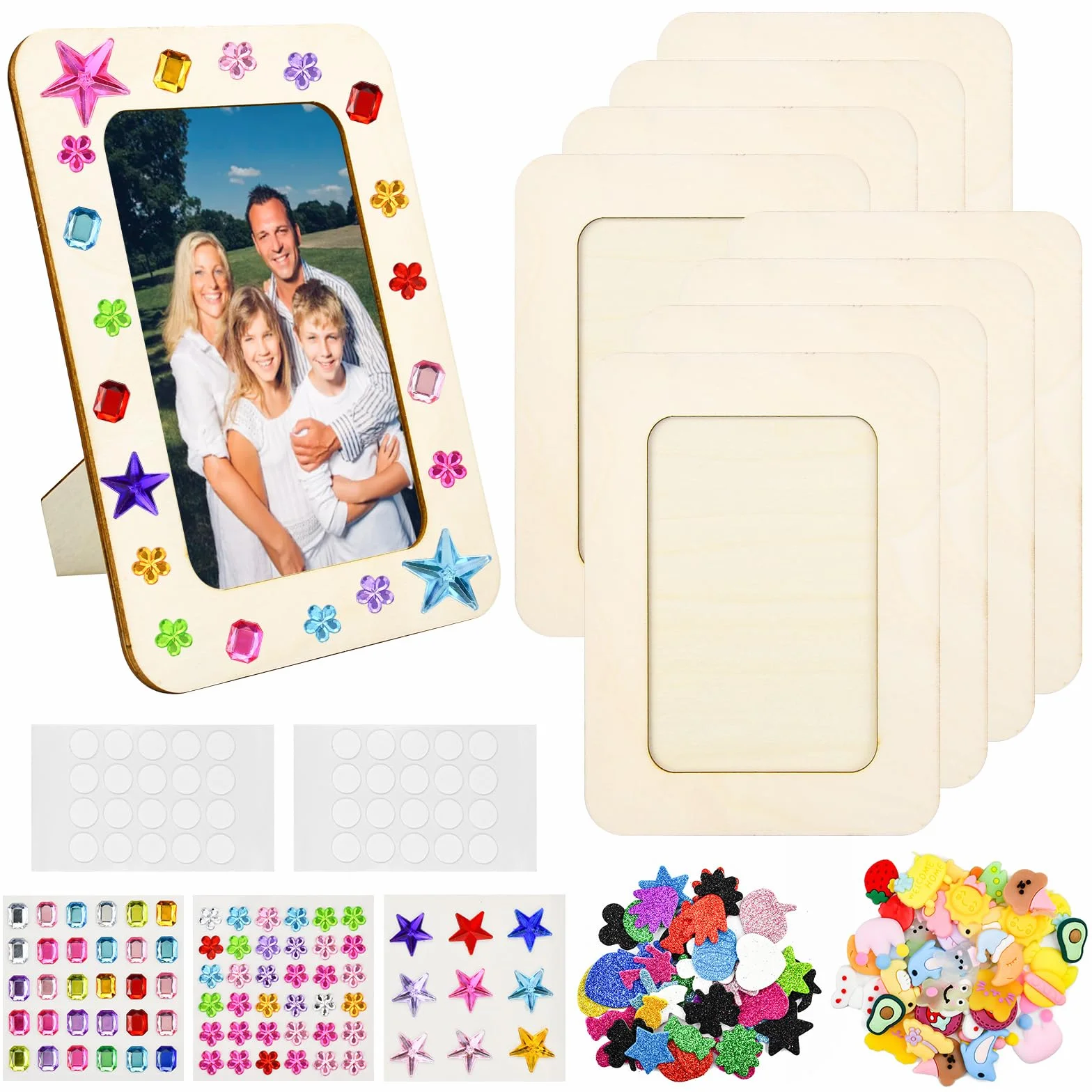 Lot de 8 cadres photo en bois à peindre avec 4 autocollants - Kit de bricolage pour enfants
