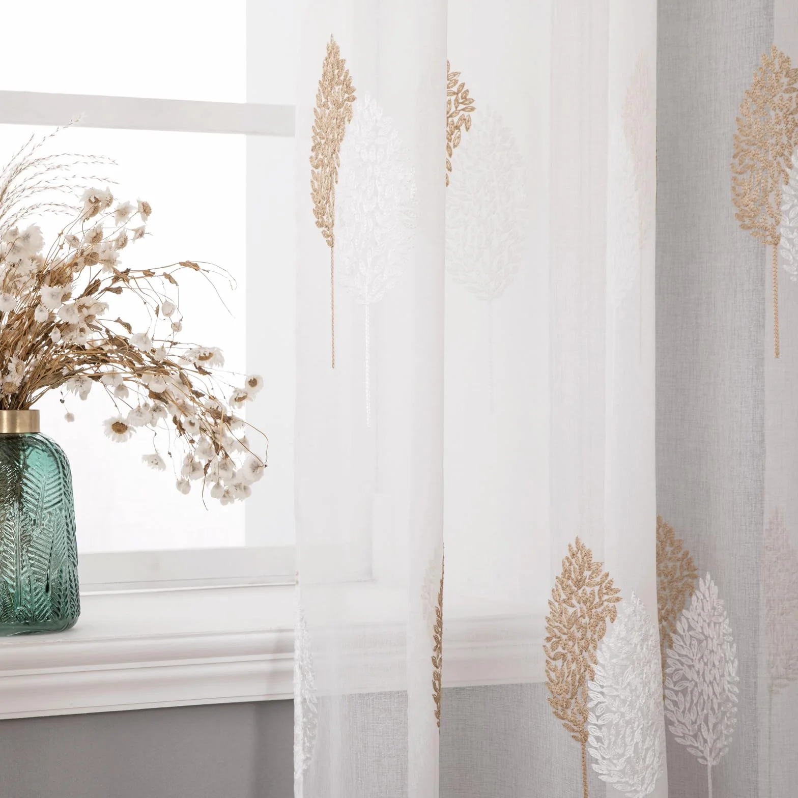 MIULEE Rideaux Voilage avec Beau Motif de Feuilles Brun et Blanc, Intérieurs Rideau Voile Brodé a Oeillets Largeur 140 CM Hauteur 225, Transparent Voilage Fenetre Design Moderne pour Chambre Salon