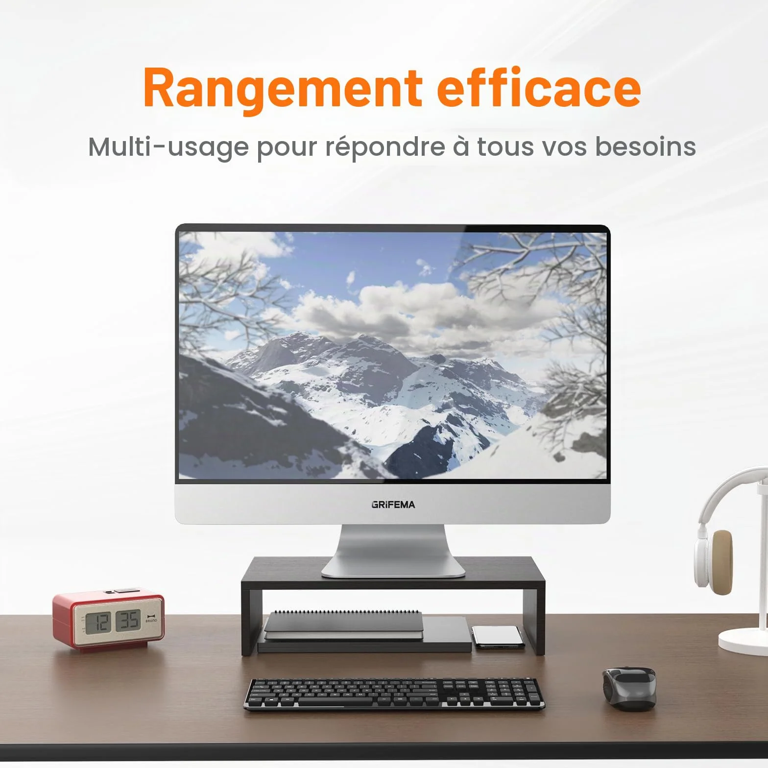 GRIFEMA Rehausseur Écran PC Bureau en Bois, Support Moniteur Ergonomique avec Gestion des Câbles, Noir