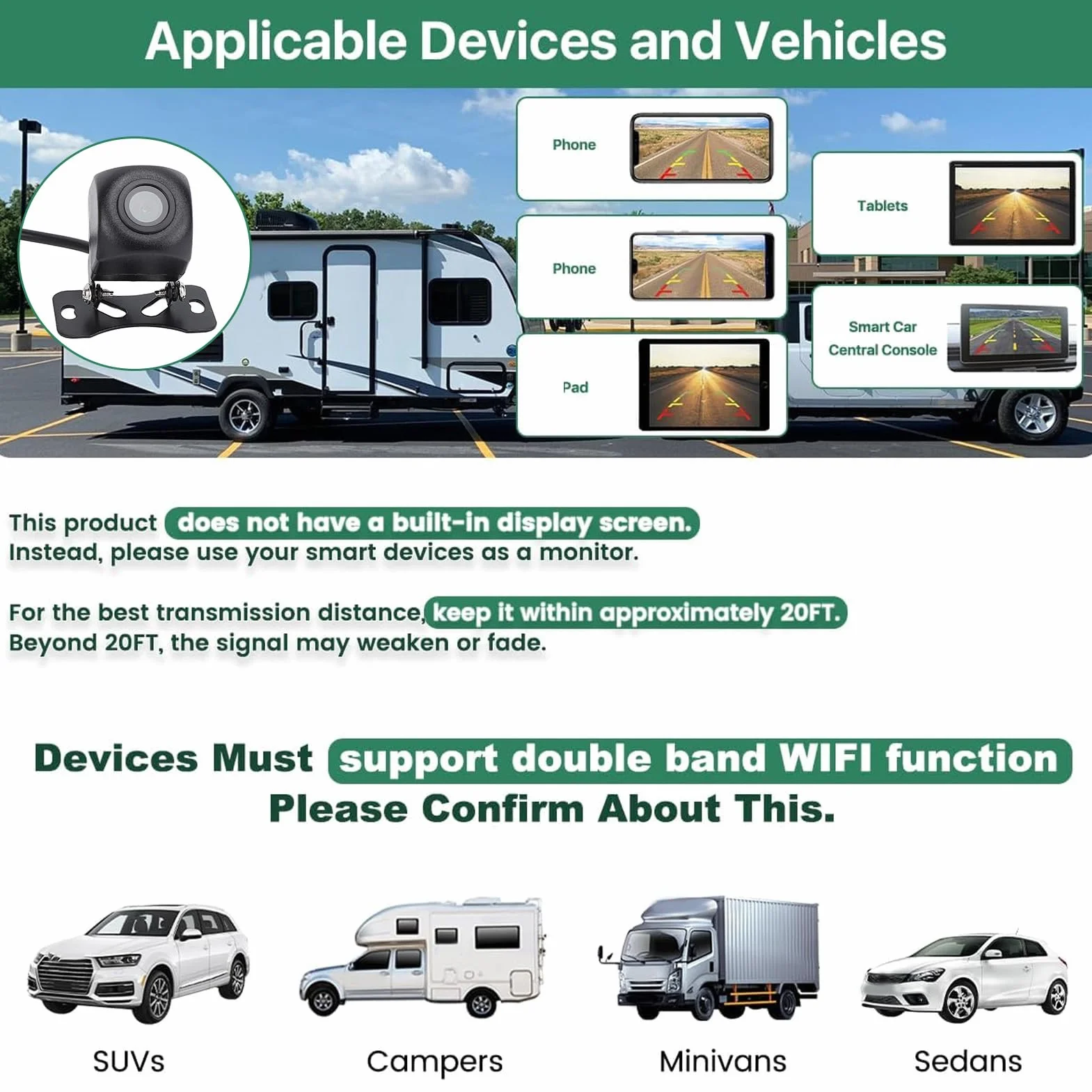 Kamera Cofania 1080P, Uniwersalna Kamera Cofania z Widokiem z Przodu do Samochodu SUV RV, Szeroki Kąt 175 Stopni, Kamera Cofania WiFi dla Systemu IOS na Tablet z Telefonem z