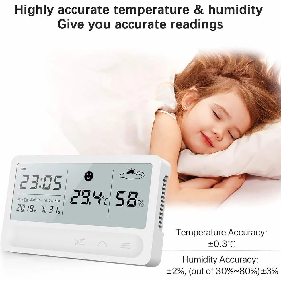 Thermomètre hygromètre LCD intérieur numérique Station météo avec réveil Chargement USB