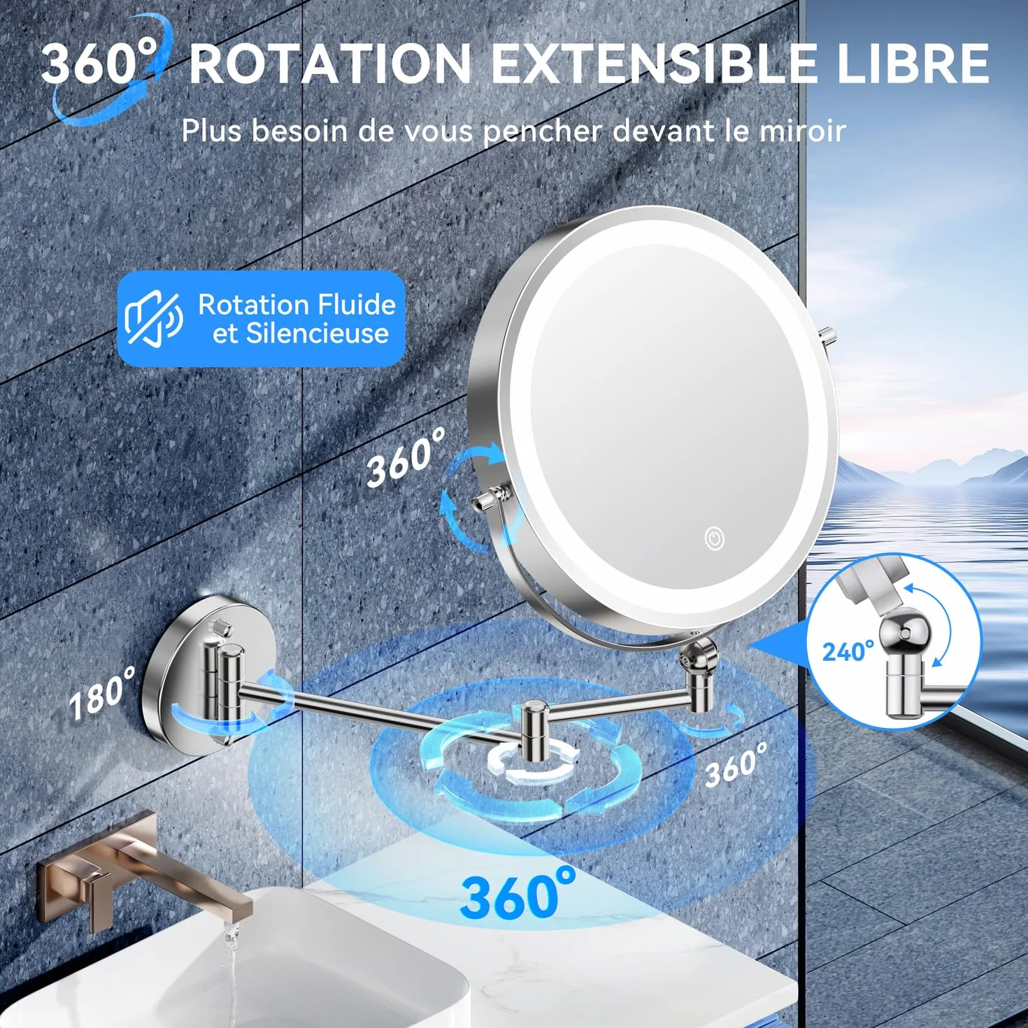Auxmir 9" Miroir Grossissant Mural Rechargeable 5000 mAh, Miroir Grossissant x30 Réglable en Hauteur et Rotatif 360° pour Soins du Visage et Rasage pour Toute la Famille, Salles de Bain et Hôtels