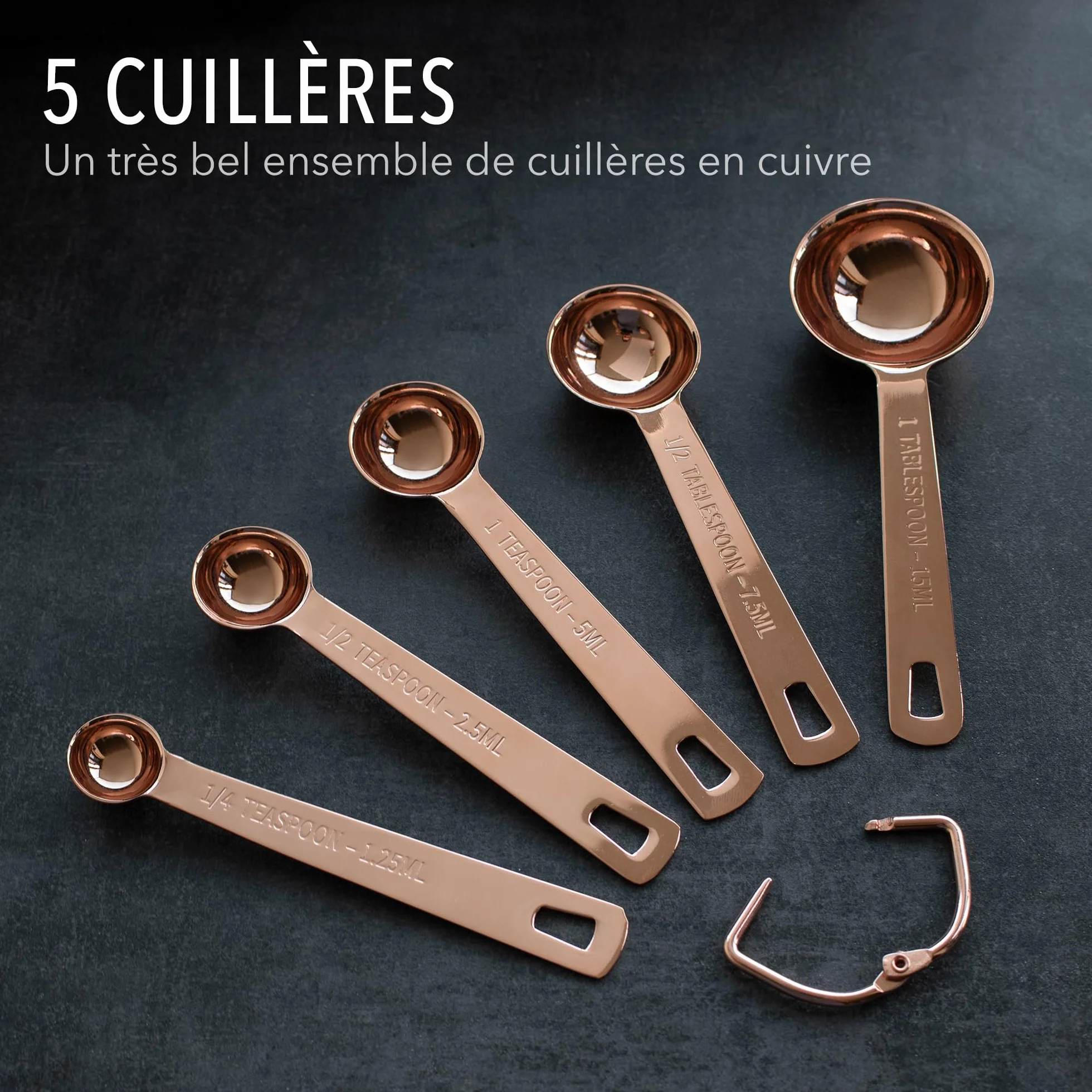 Lot de 9 pièces de tasses et cuillères à mesurer en acier inoxydable cuivre chromé, mesures gravées