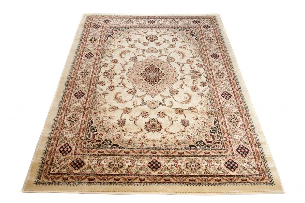 TAPISO Yesemek Tapis de Salon Chambre Salle à Manger Bureau Design Traditionnel Crème Marron Motif Ornamental Floral Médaillon Bordure Poil Court Doux Tapis Classique 200 x 300 cm