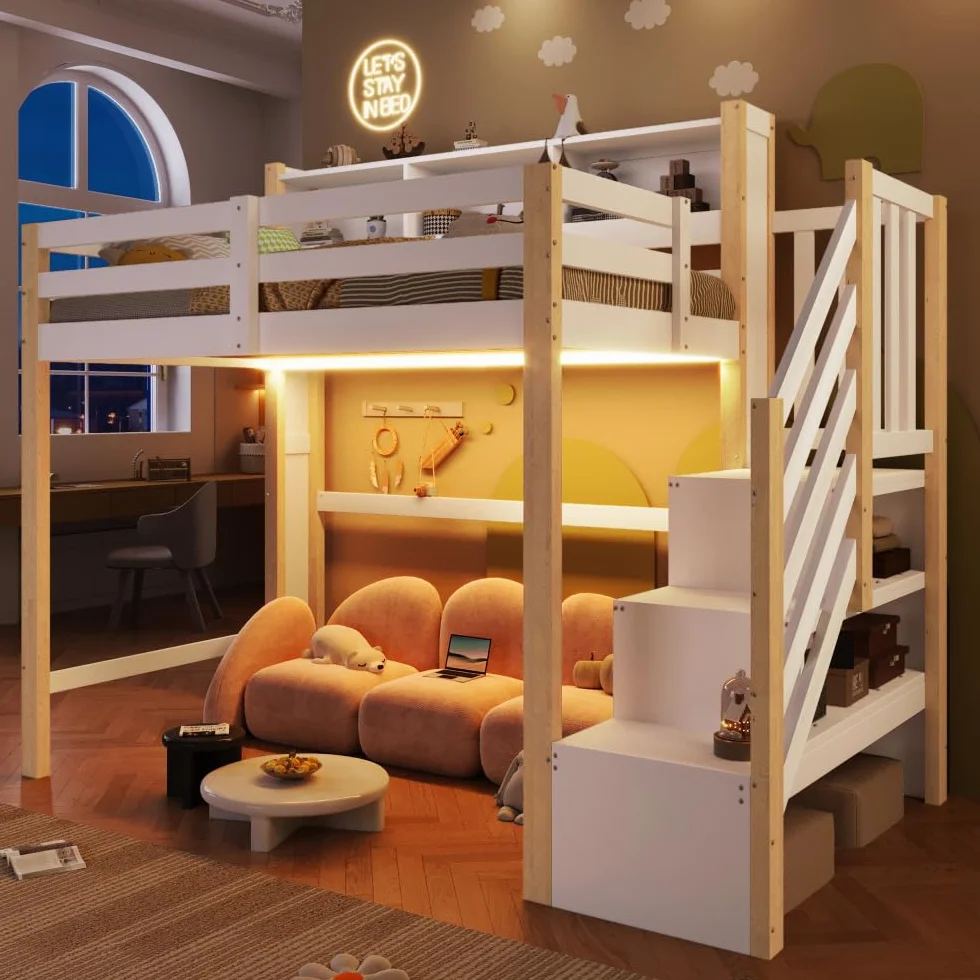 Sapgaks Lit Mezzanine Enfants 90x200cm,lit superposé Enfant avec lumières LED,lit Enfant avec Rangement sous Le lit,lit Enfant avec Barriere,échelle de Rangement,Blanc + Naturel