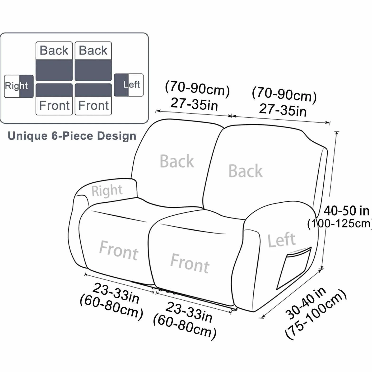 Housse de canapé inclinable extensible 2 places universelle avec poches lavable 6 pièces Beige