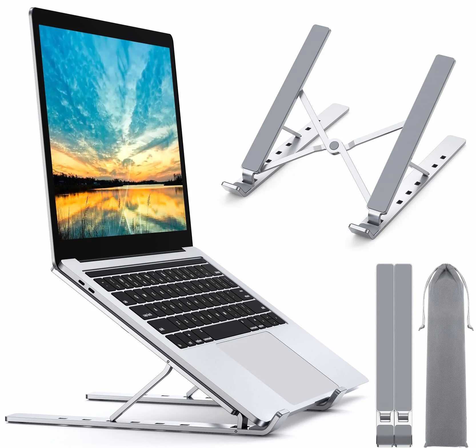 Support Ordinateur Portable Réglable 5 Niveaux, Refroidisseur Aluminium Ventilé pour MacBook Lenovo 10"-15.6"