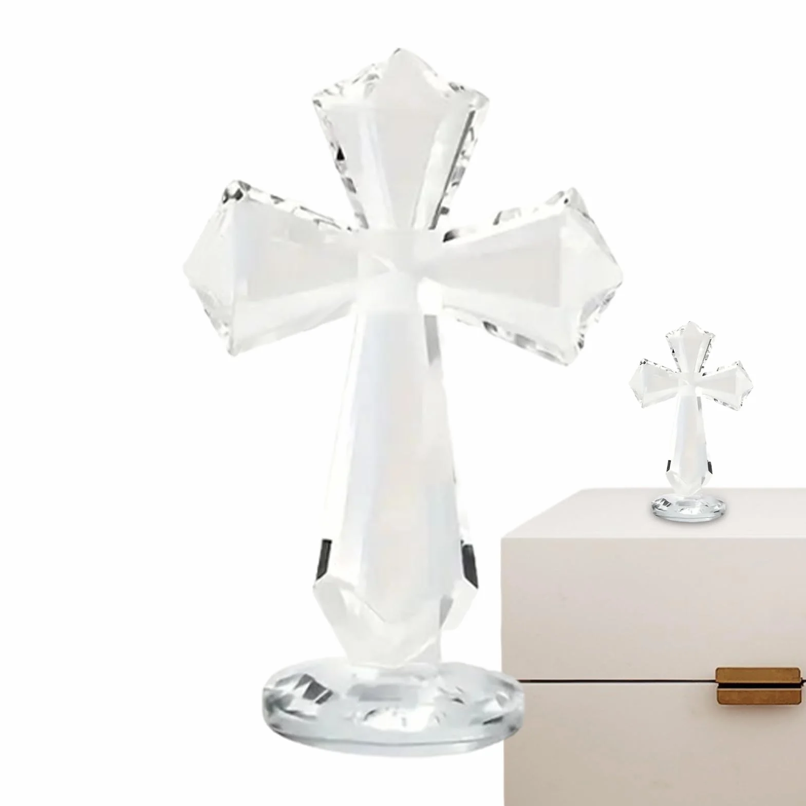 Croix en cristal 15,2 cm – Sculpture chrétienne de table, verre à facettes, design 360°, crucifix de bureau