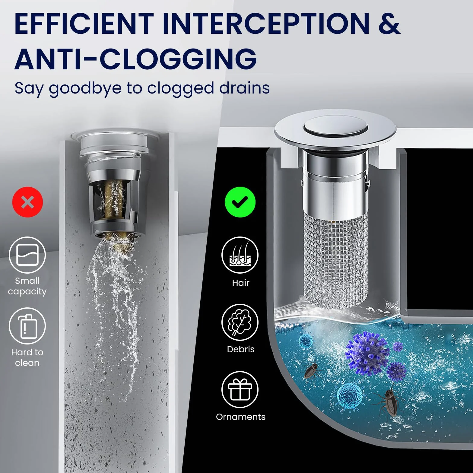 Bonde de Lavabo Universel 34-40mm avec Filtre Amovible, 2 Pièces Pop Up pour Salle de Bain