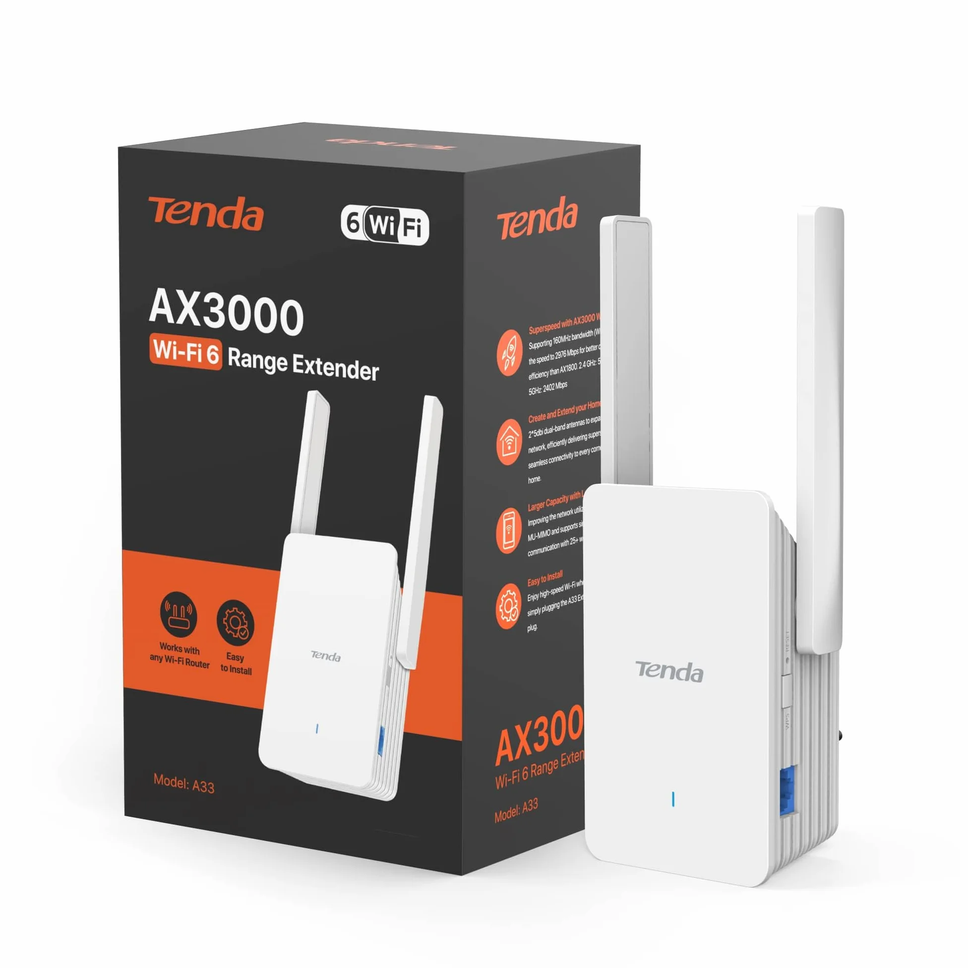 Tenda Wzmacniacz Wi-Fi 6 AX3000, Wzmacniacz sygnału WiFi, Dwuzakresowy 2.4 GHz/5GHz, Przedłużacz Wi-Fi Kompatybilny z routerami, Tryb Ap, Przycisk WPS, Inteligentny sygnał LED (A33), Biały