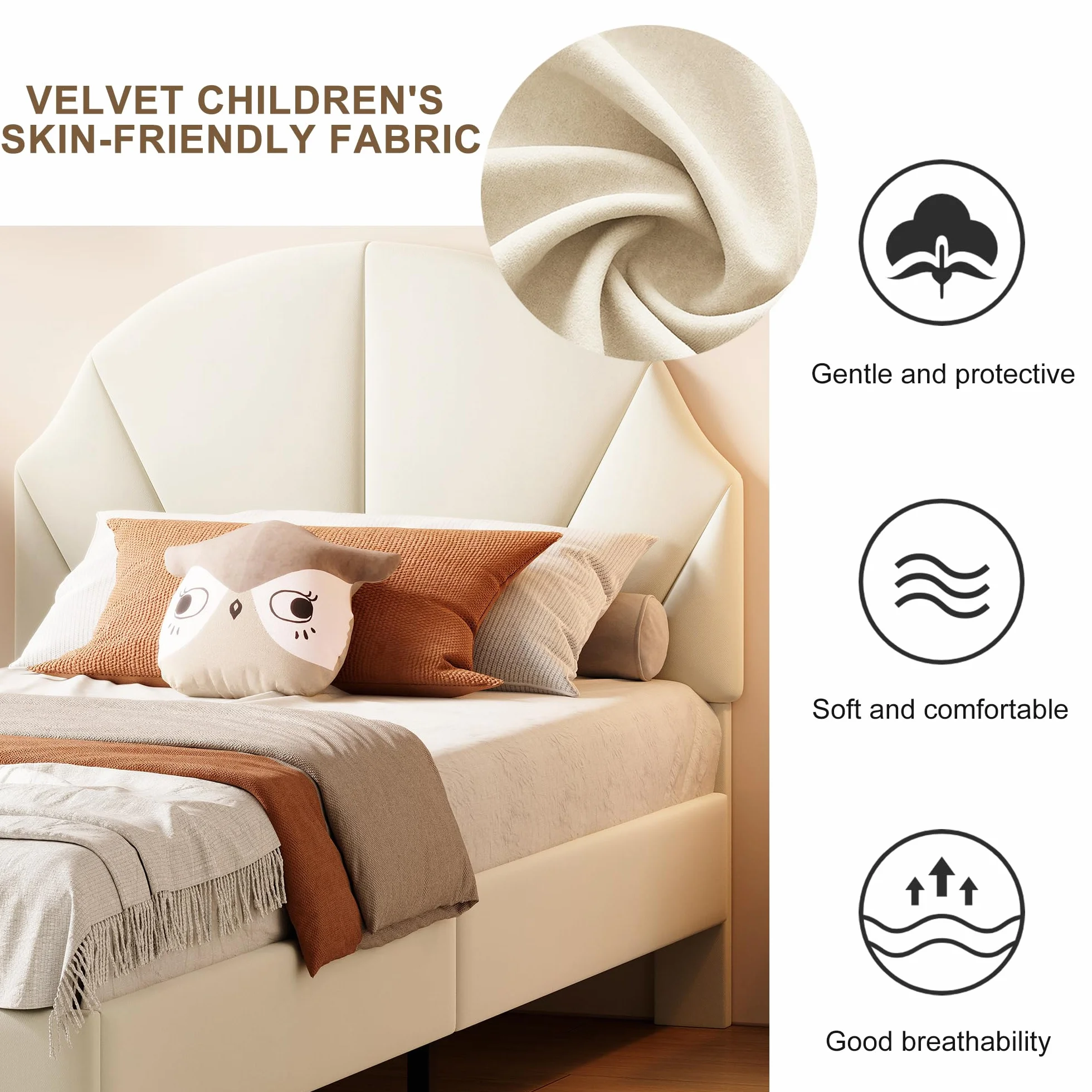 Générique Lit Fille 90x200 cm avec Sommier à Lattes,Tête de lit Réglable en Hauteur,en Forme de Coquillage,Lit Simple Enfant Fille en Velours,Beige(Beige, 90_x_200_cm)