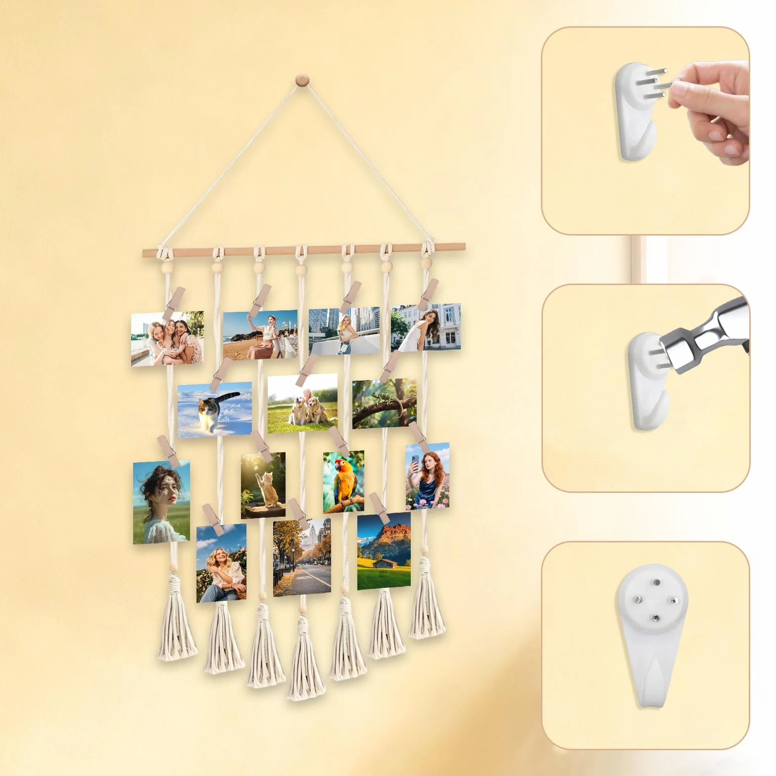 Suspendu Pele Mele Photo Mural Porte Photo Murale Suspendue Bohème 30 Pinces en Bois 2 Clous sans Trace