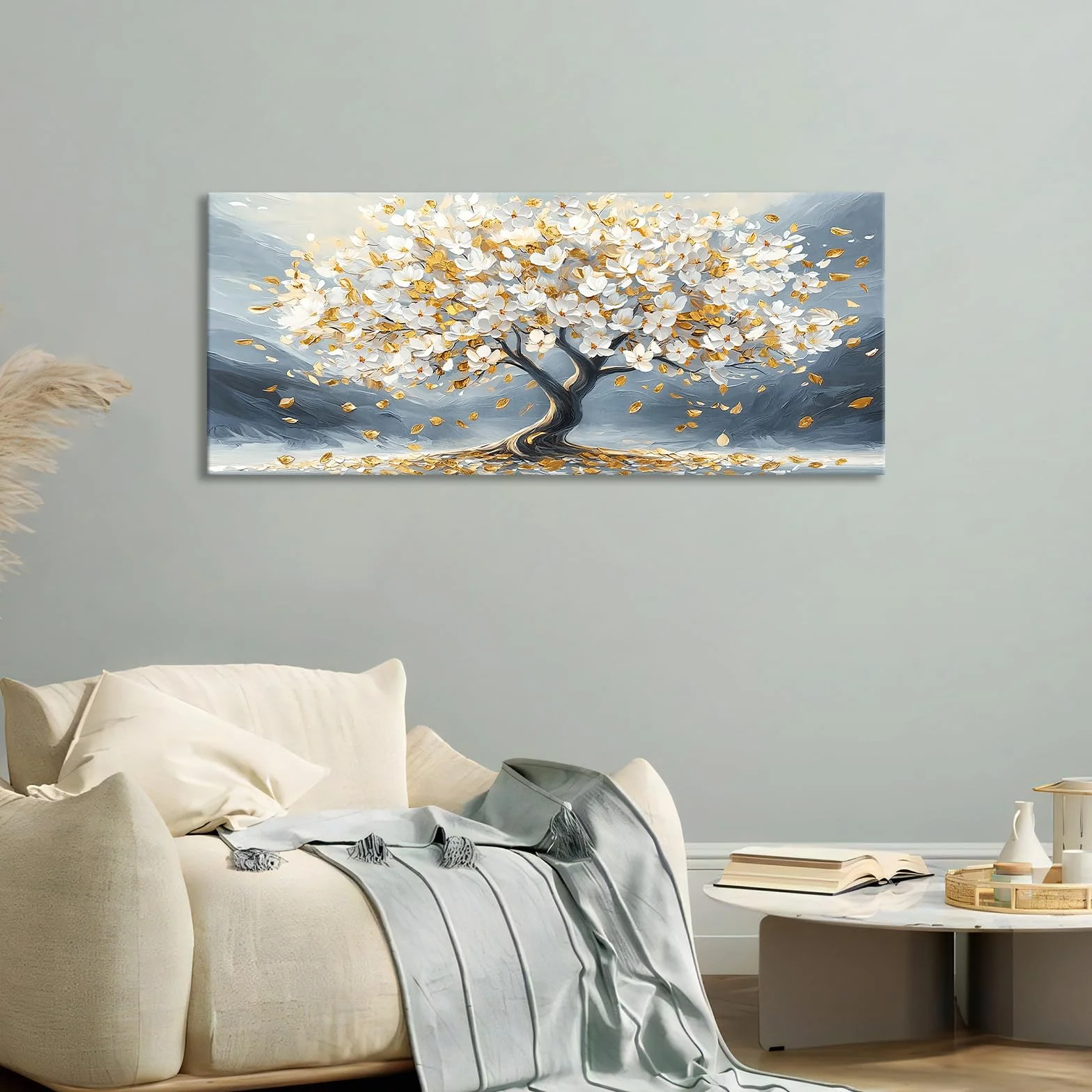 Cadre en Bois Impression sur Toile Arbre De Vie Fleurs Blanche Tableau Peinture Poster Mural Moderne Gris Or Image sur Toile Grandes Tableau Decoration Murale Salon Chambre Restaurant 50x120cm