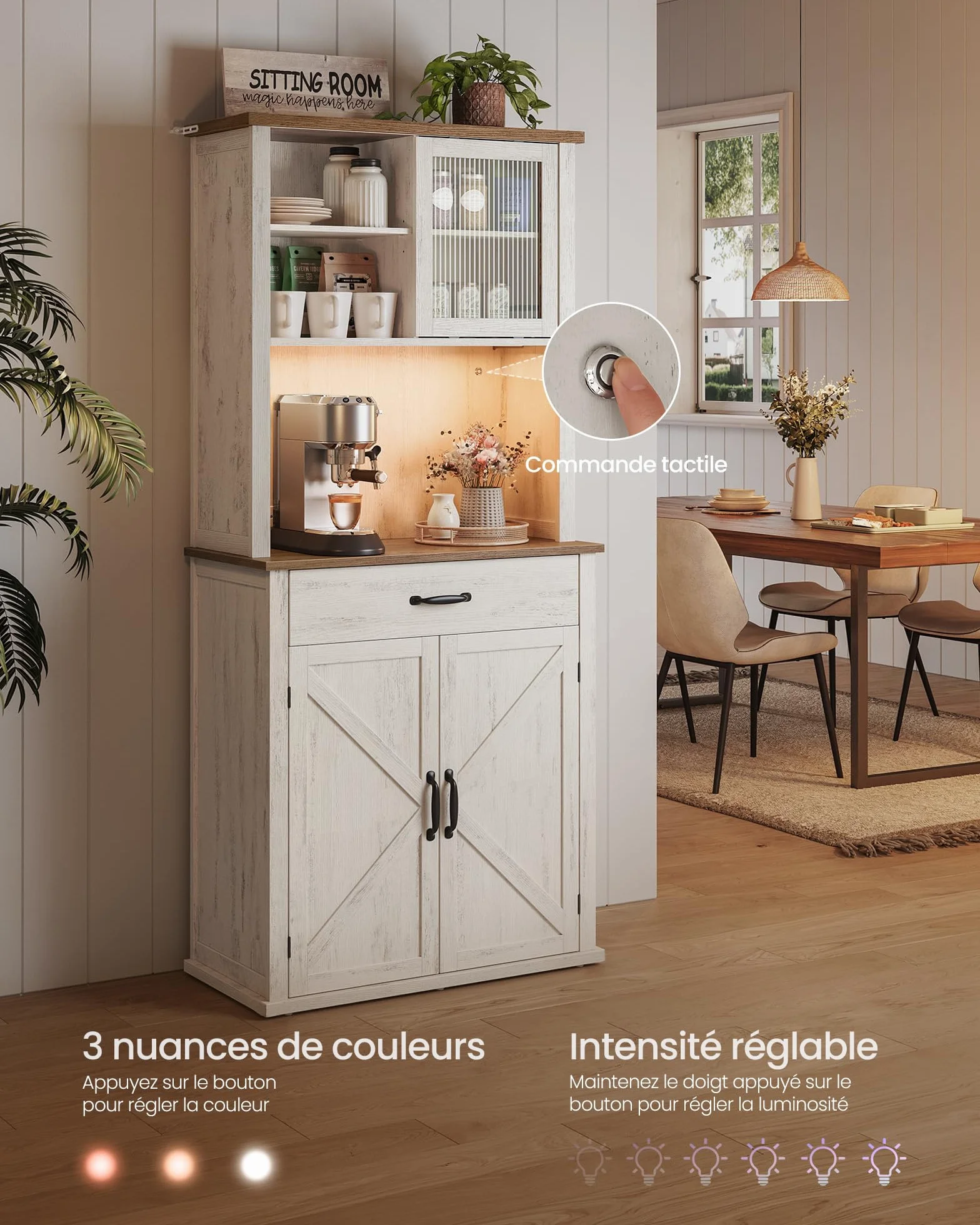 VASAGLE Meuble de Rangement avec Lumières et Chargeur, Placard de Cuisine, avec Portes et Tiroirs, 39,5 x 80,4 x 180,6 cm, Étagères Réglables, Style Campagne, Blanc Rustique et Marron Miel BBK363W22V1