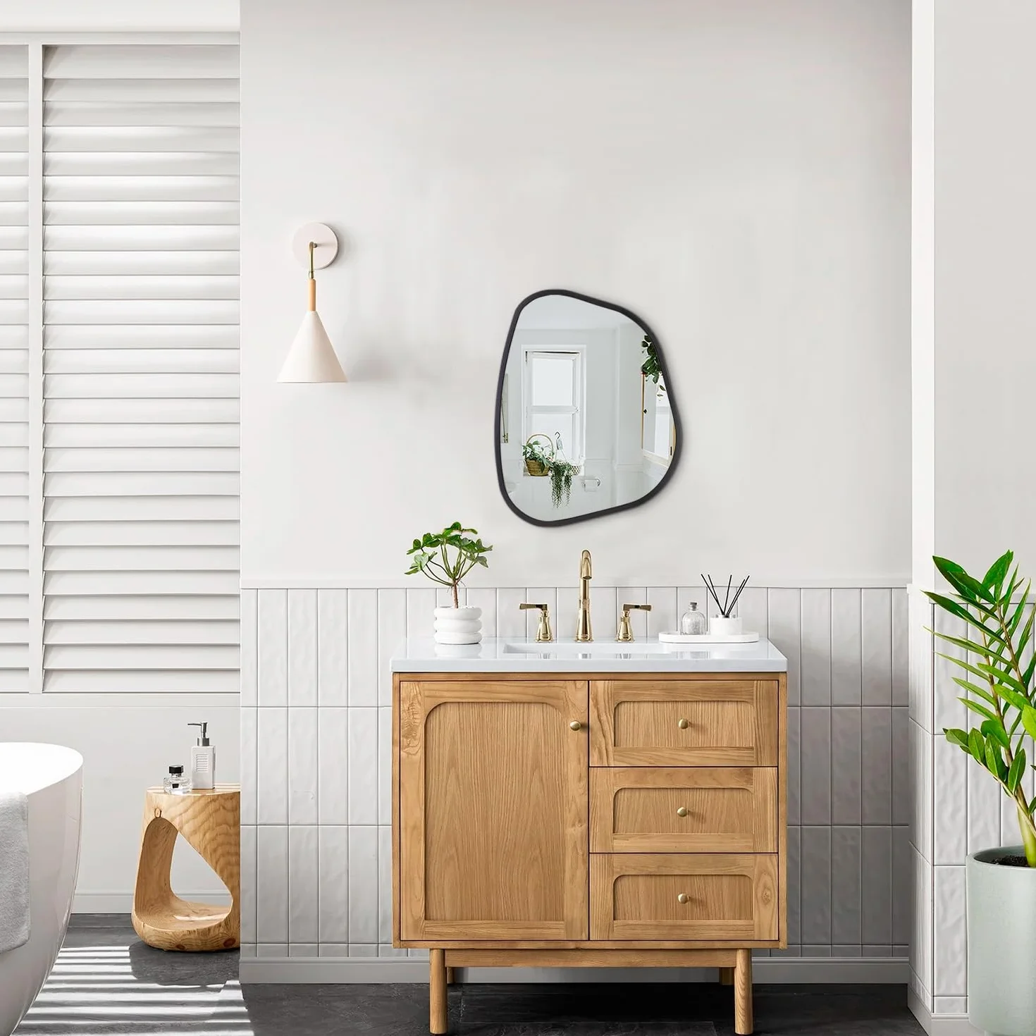 Miroir asymétrique noir mural ovale irrégulier cadre en bois moderne décoratif salon chambre salle de bain