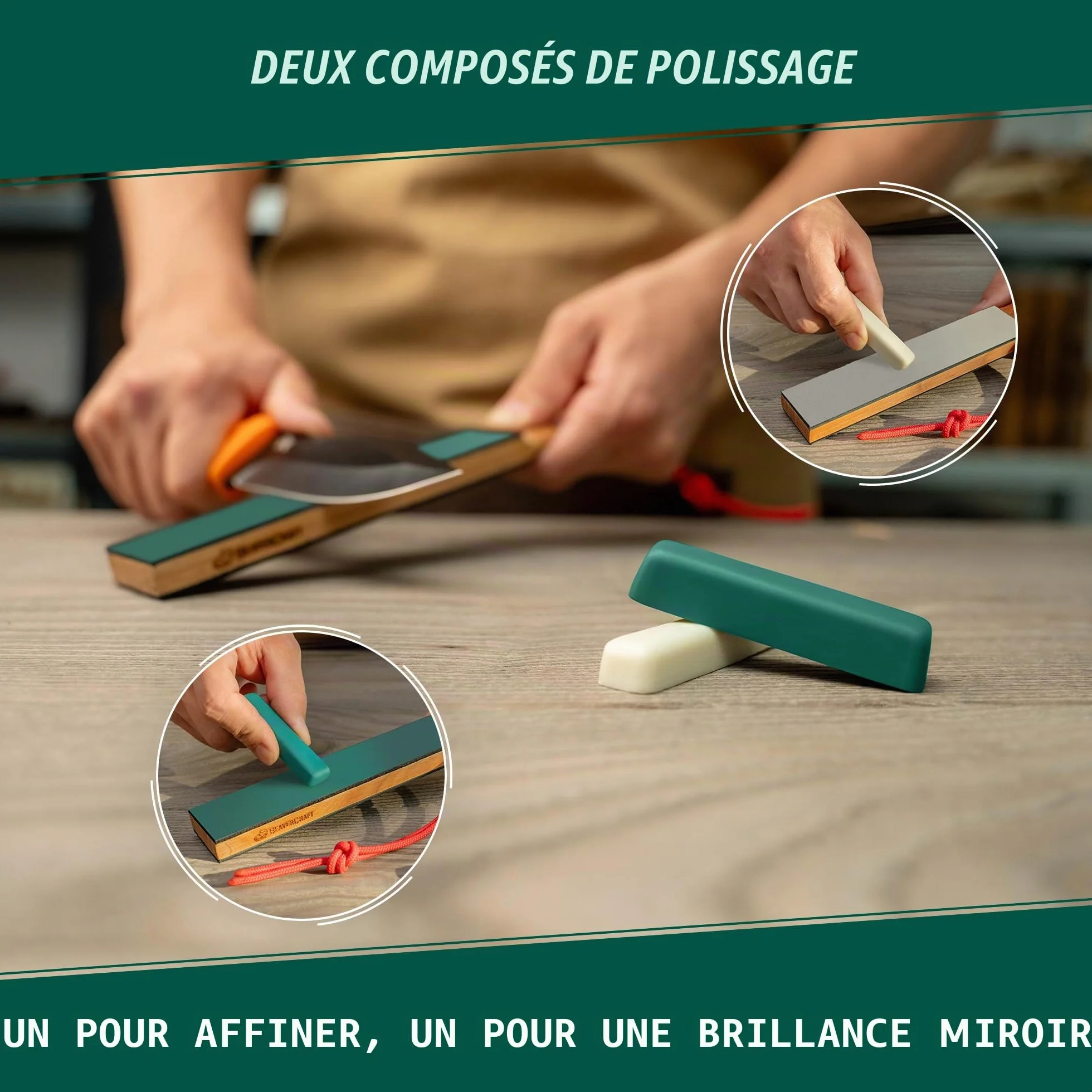 BeaverCraft LS9P02 Strop cuir affûtage couteaux - Kit polissage pâte à polir - Aiguiseur cuir - Bloc 2 faces