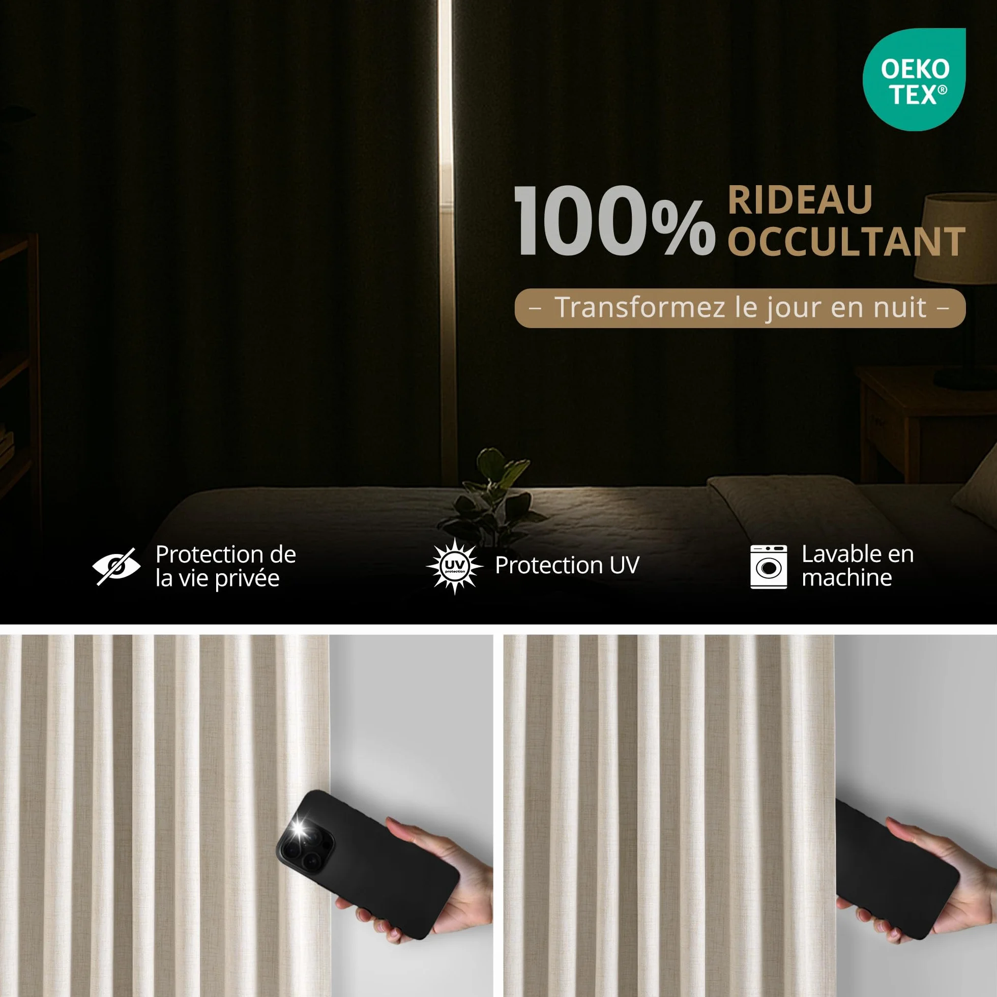 Rideaux 100% Occultants avec Œillets, Texture de Lin Discret - Set de 2 - H245 x B140 cm -Rideaux Anti-Vue avec Passants pour Chambre à Coucher ou Salon,Crème