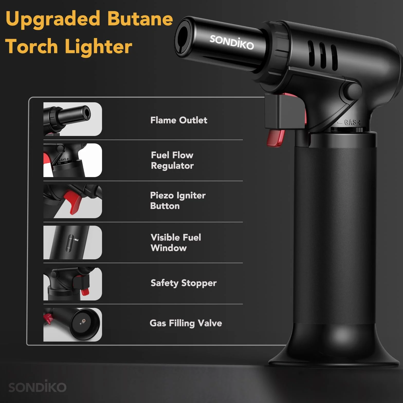 Sondiko S907 Chalumeau de Cuisine Rechargeable avec Verrouillage de Sécurité et Flamme Réglable