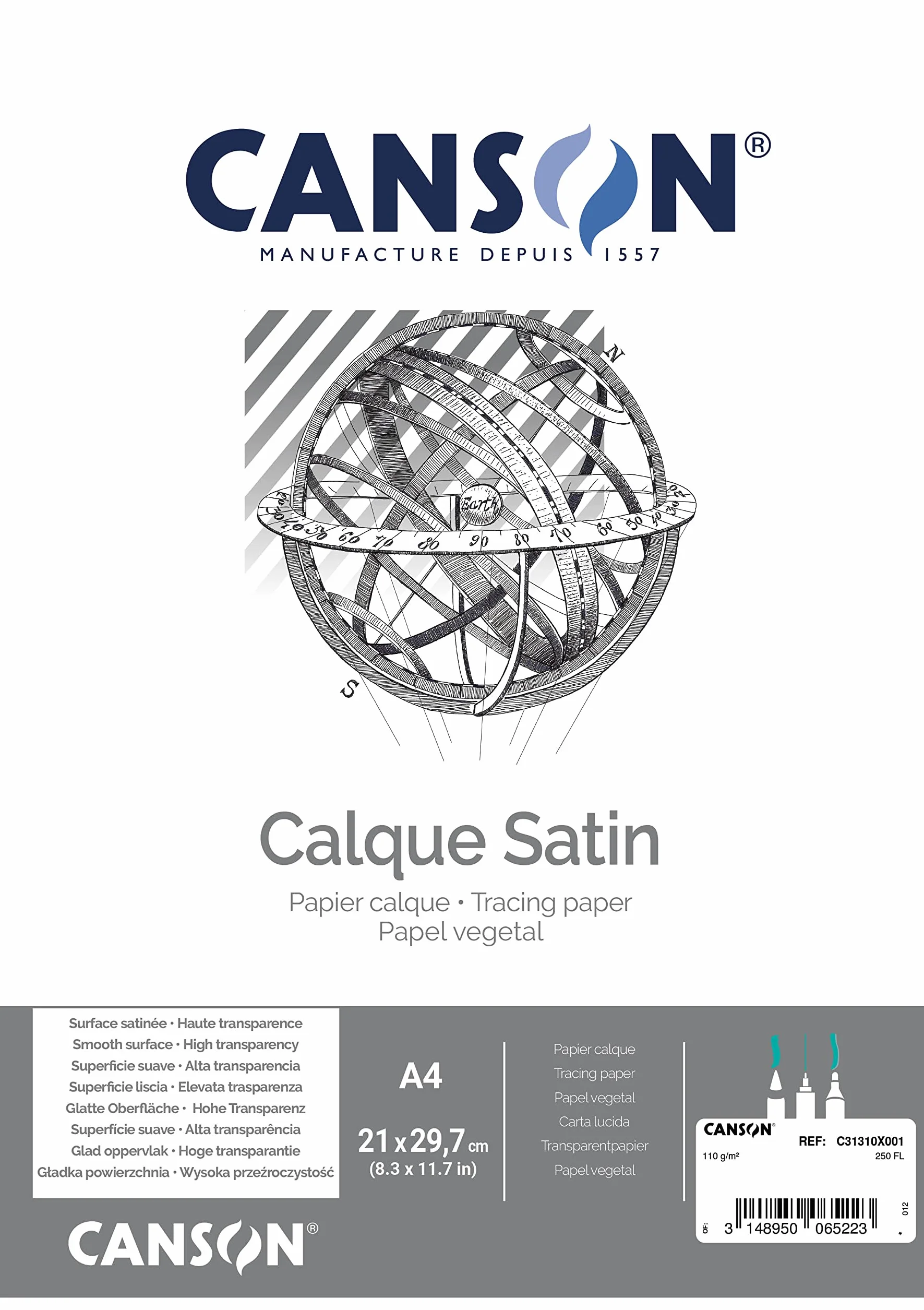 CANSON Papier Calque Satin A4 110g/m² Boîte 250 Feuilles
