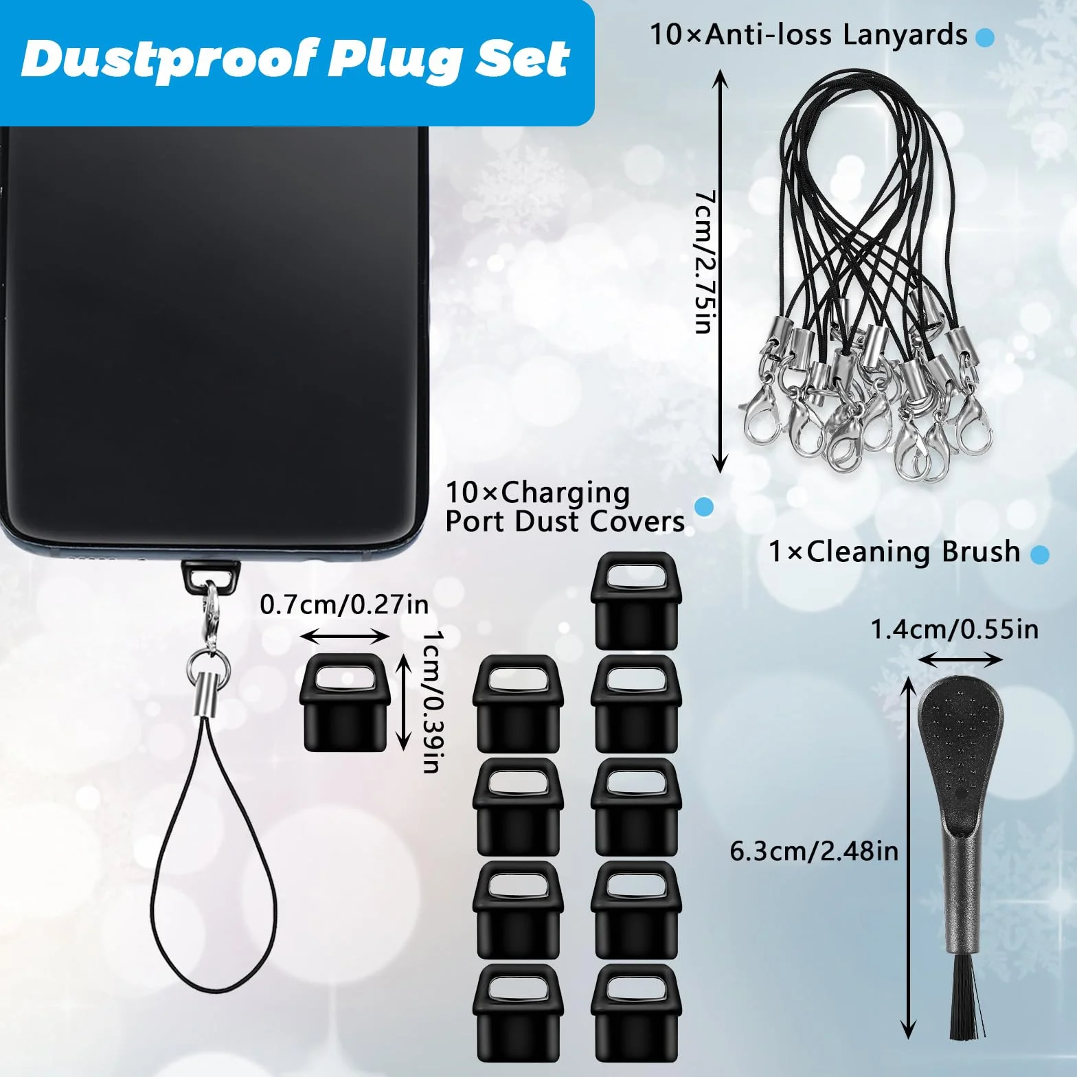 10 sztuk osłony wtyczki przeciwkurzowej USB C, wtyczka portu typu C z 10 sztuk smyczy, paska do telefonu i szczoteczki do czyszczenia, zaślepka portu ładowania Nakładki na port USB C(czarne)