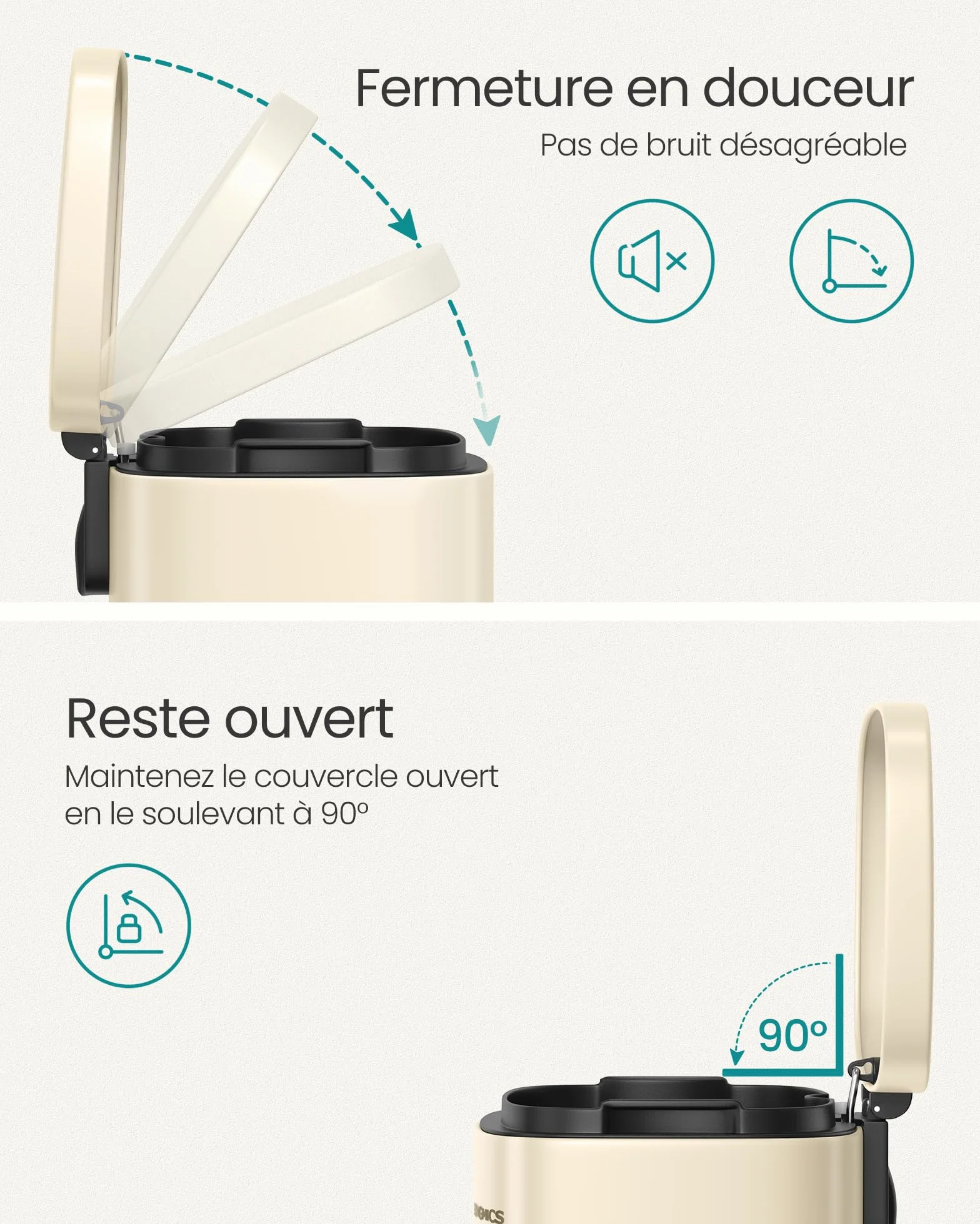 SONGMICS Poubelle Cuisine 50 L, Acier, Pédale, Fermeture en Douceur, Beige Sable