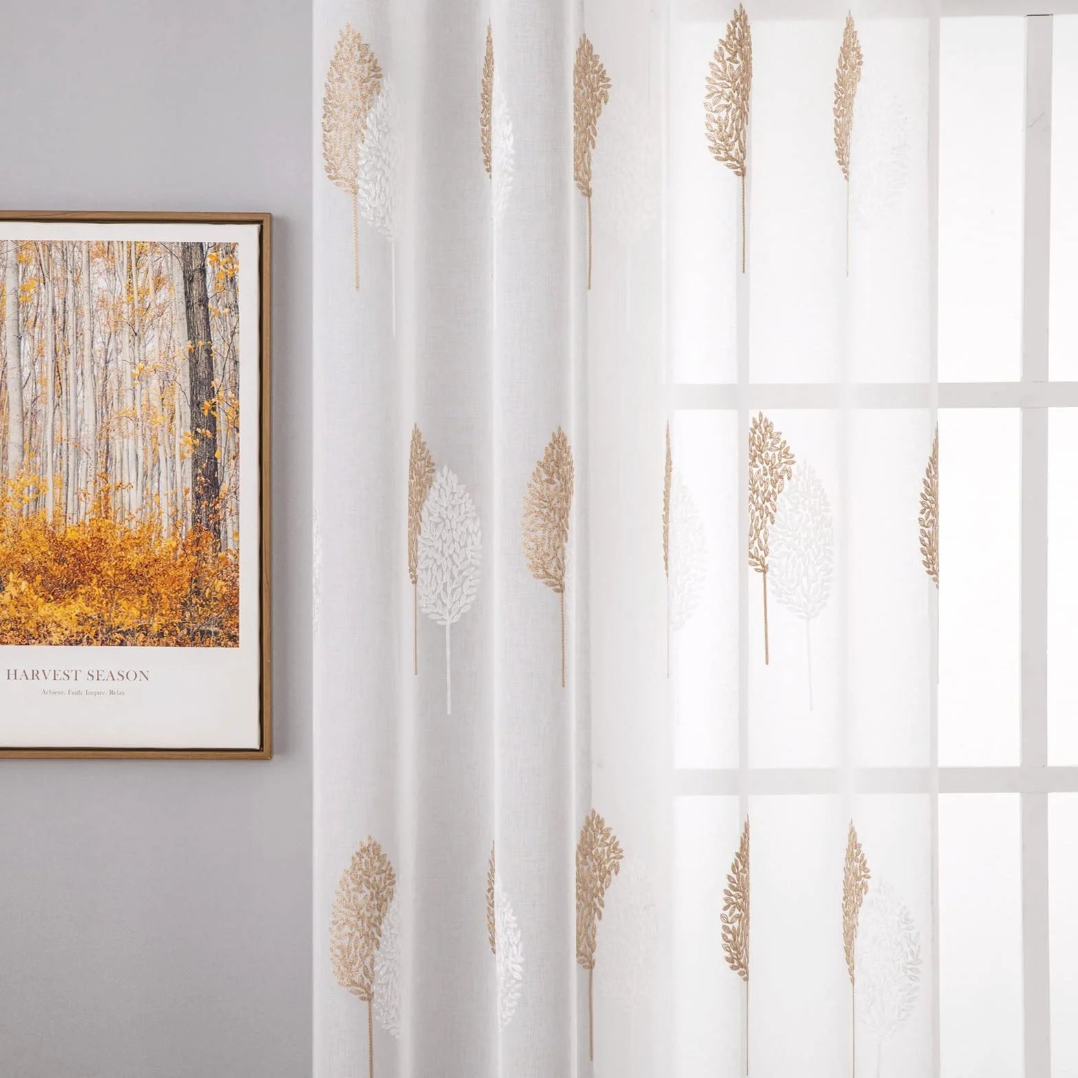 MIULEE Rideaux Voilage avec Beau Motif de Feuilles Brun et Blanc, Intérieurs Rideau Voile Brodé a Oeillets Largeur 140 CM Hauteur 225, Transparent Voilage Fenetre Design Moderne pour Chambre Salon