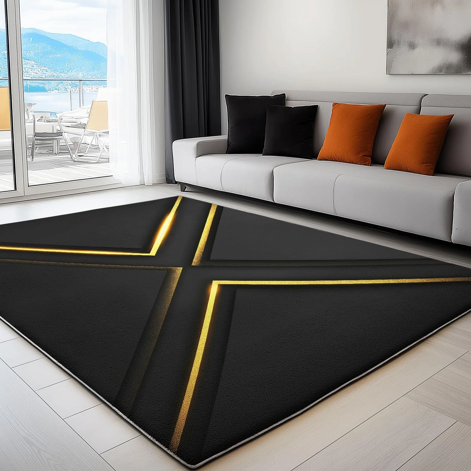 Tapis Salon Chambre Adulte Poil Court Antidérapant Lavable Noir Or 60 x 110 cm