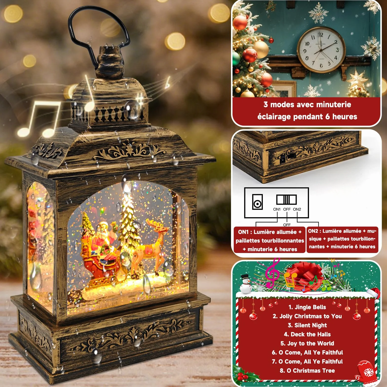 Christmas snow globe lantern with Santa Claus swirling glitter for festive decoration (Père Noël + élan + sapin de Noël)